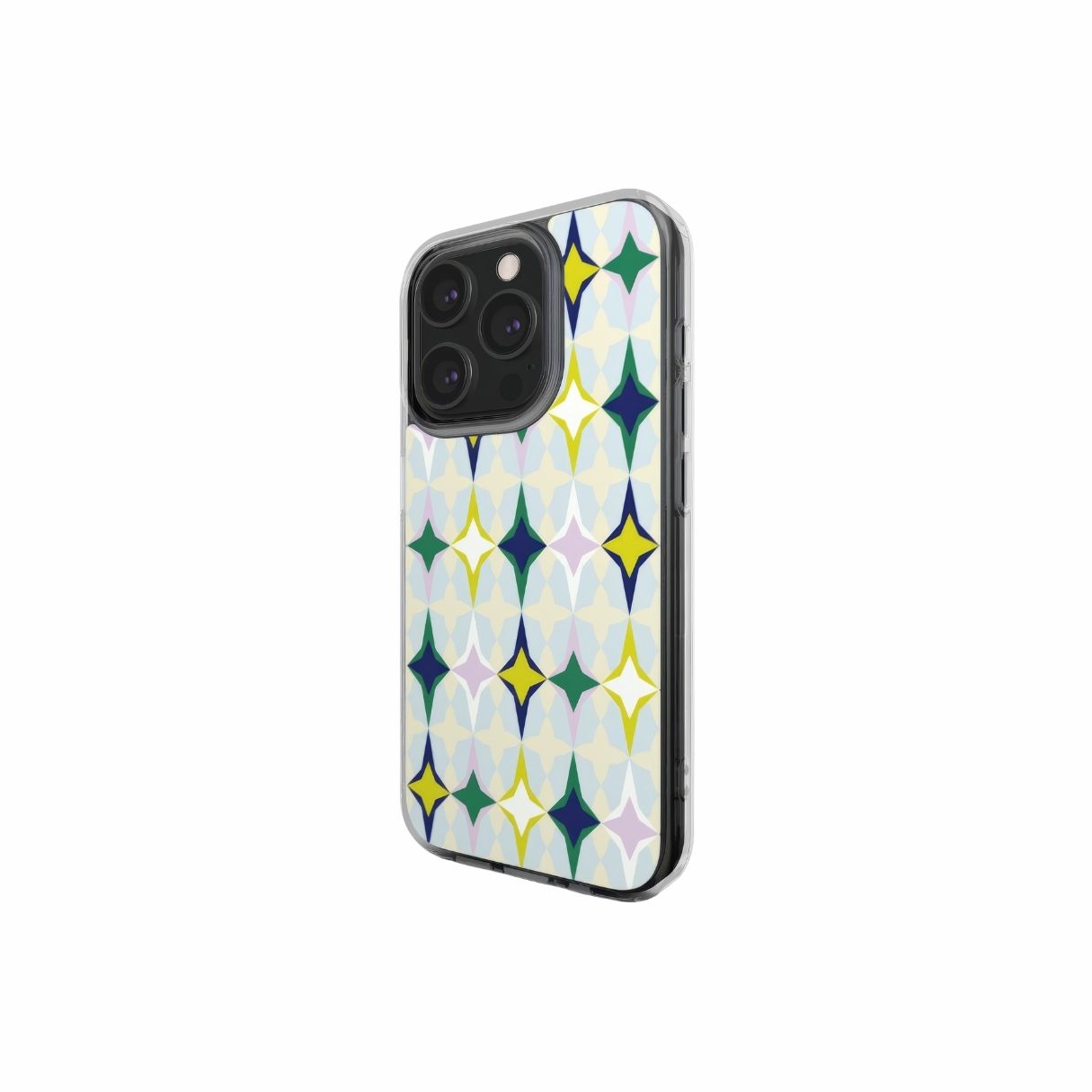 Clear phone case Magic Winter pattern design with a dynamic geometric symmetry in geometric style, featuring an elegant and expressive aesthetic design. Main colors are divine blue, yellow, green and deep blue. Side view.