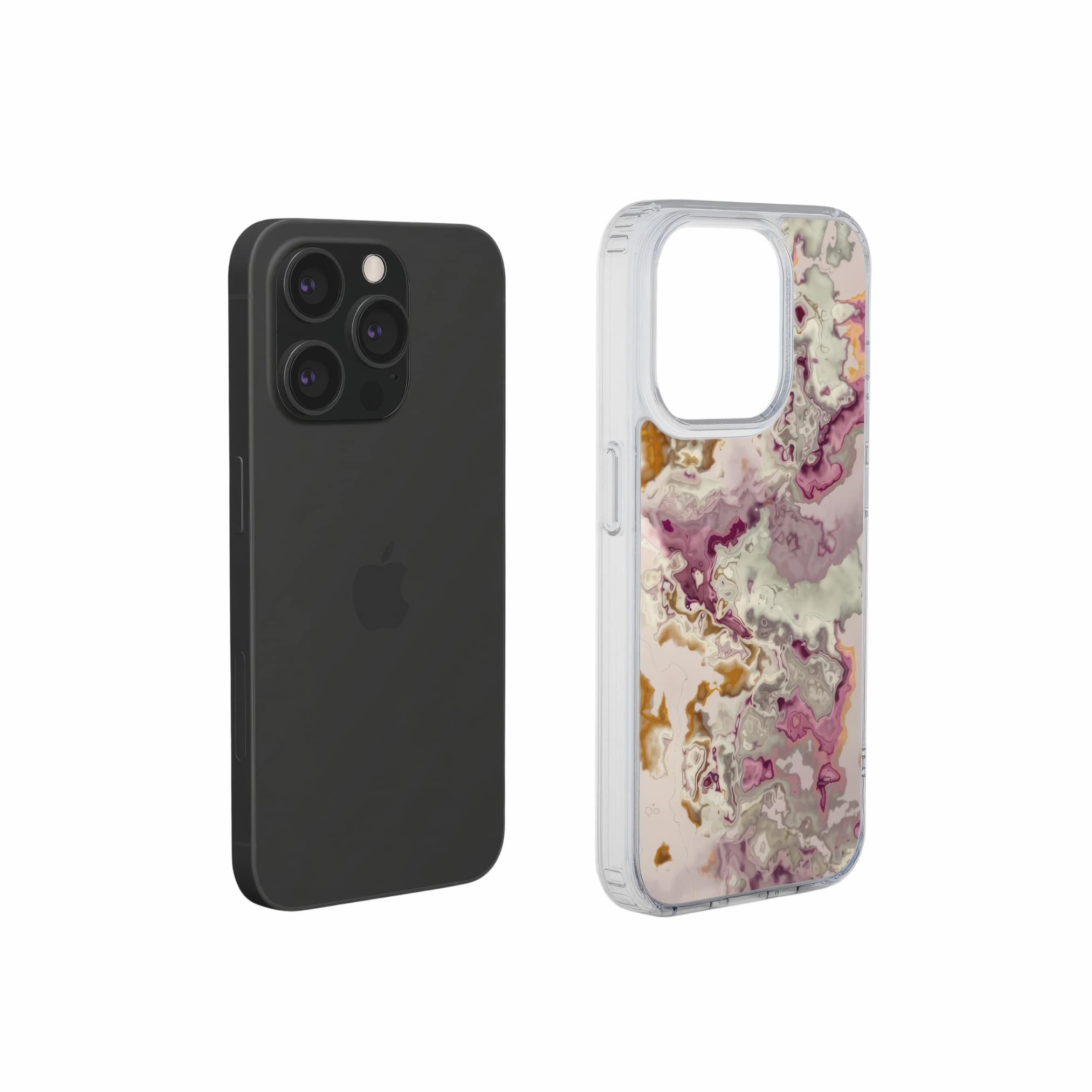 Clear phone case extend view; Marshmallow pattern, artistic, abstract marble pattern. Pink and beige color combination.