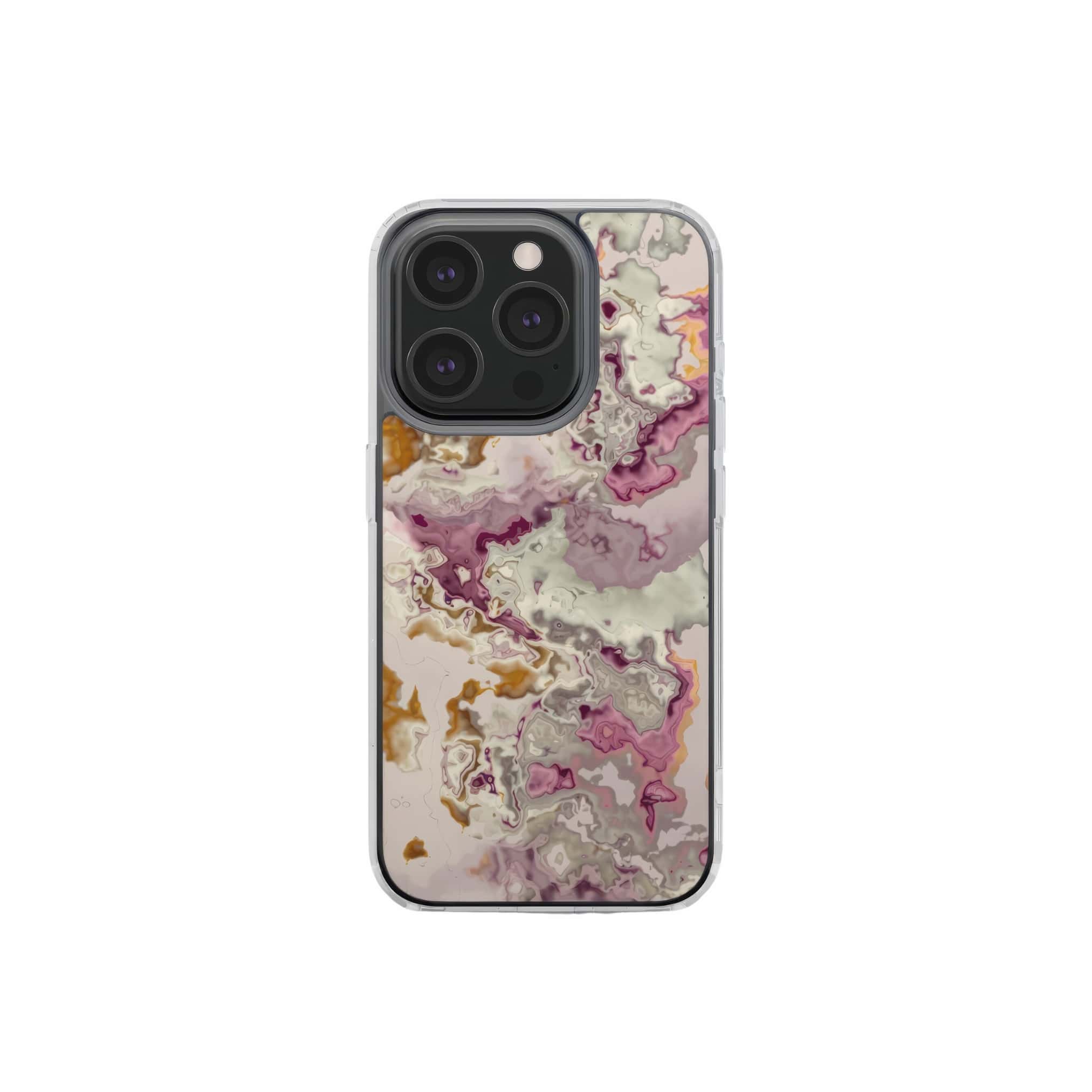 Clear phone case front view; Marshmallow pattern, artistic, abstract marble pattern. Pink and beige color combination. Bold expressive aesthetic design. Colorful and interior fit. Elegant.