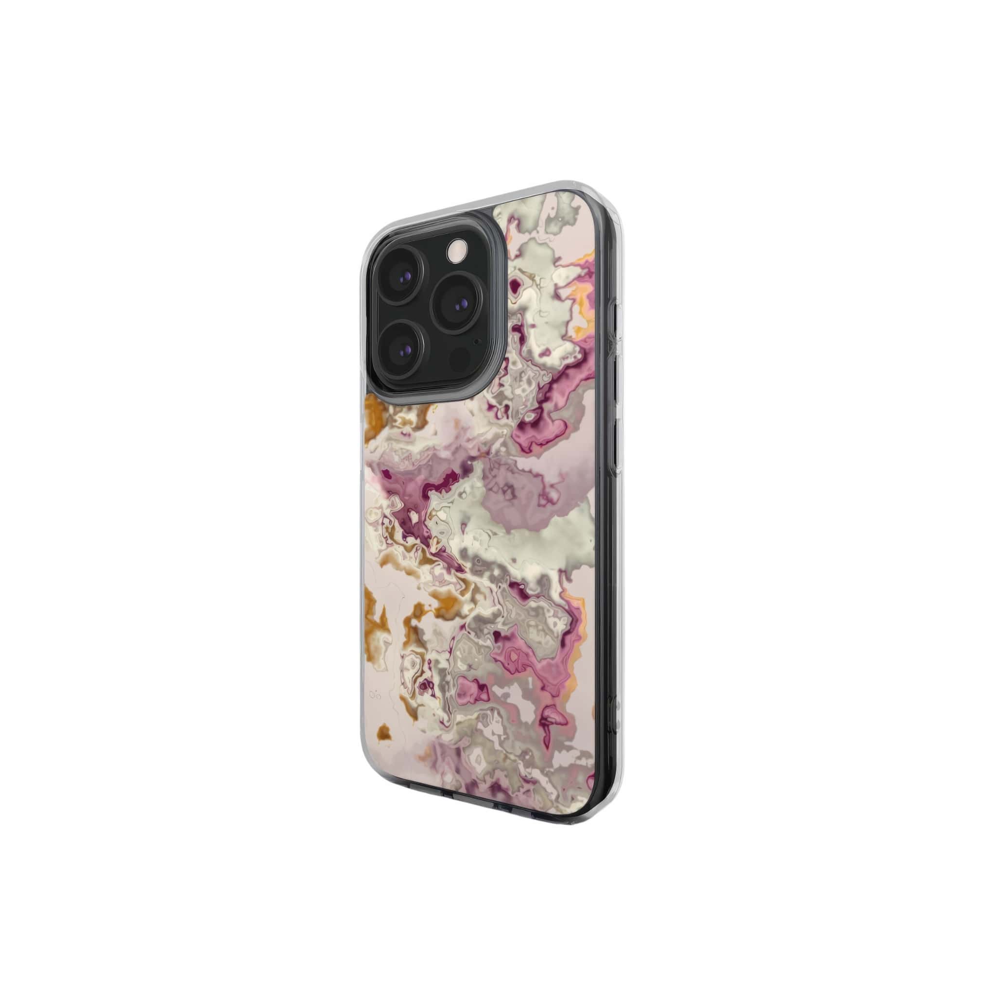 Clear phone case side view; Marshmallow pattern, artistic, abstract marble pattern. Pink and beige color combination.