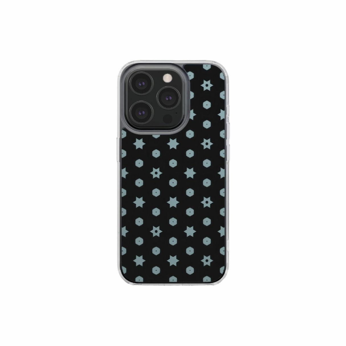 Clear phone case front view; Midnight Stars pattern, ornamental pattern; kaleidoscope pattern imagination. Bold expressive aesthetic design. Colorful and interior fit. Elegant.