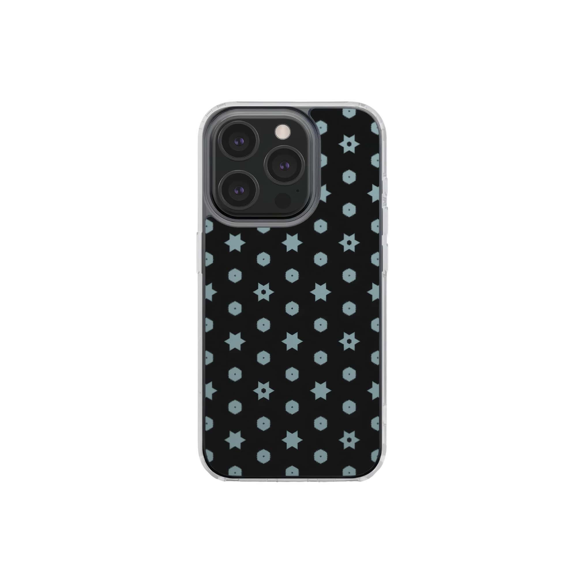 Clear phone case front view; Midnight Stars pattern, ornamental pattern; kaleidoscope pattern imagination. Bold expressive aesthetic design. Colorful and interior fit. Elegant.