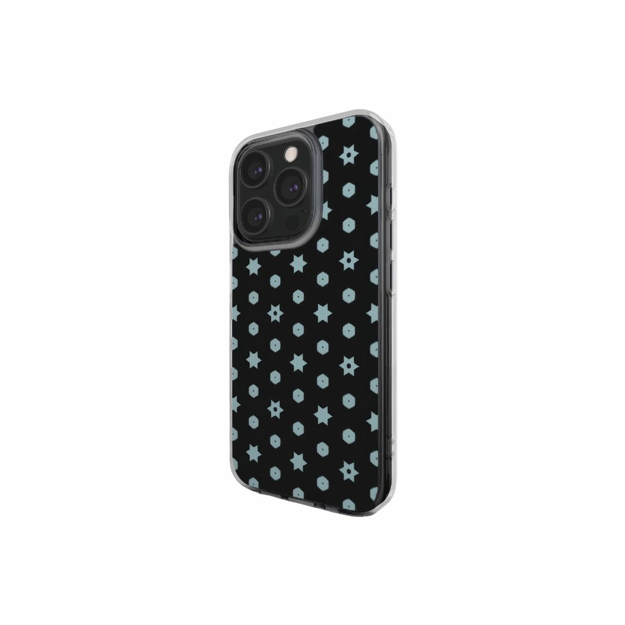 Clear phone case side view; Midnight Stars pattern, ornamental pattern; kaleidoscope pattern imagination.