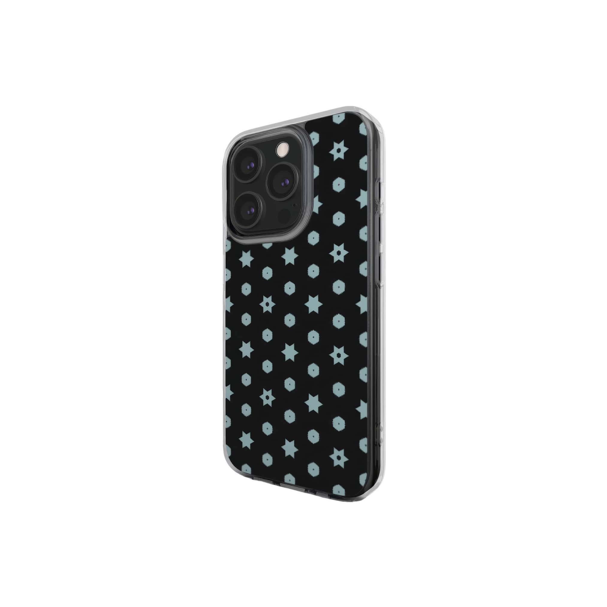 Clear phone case side view; Midnight Stars pattern, ornamental pattern; kaleidoscope pattern imagination.