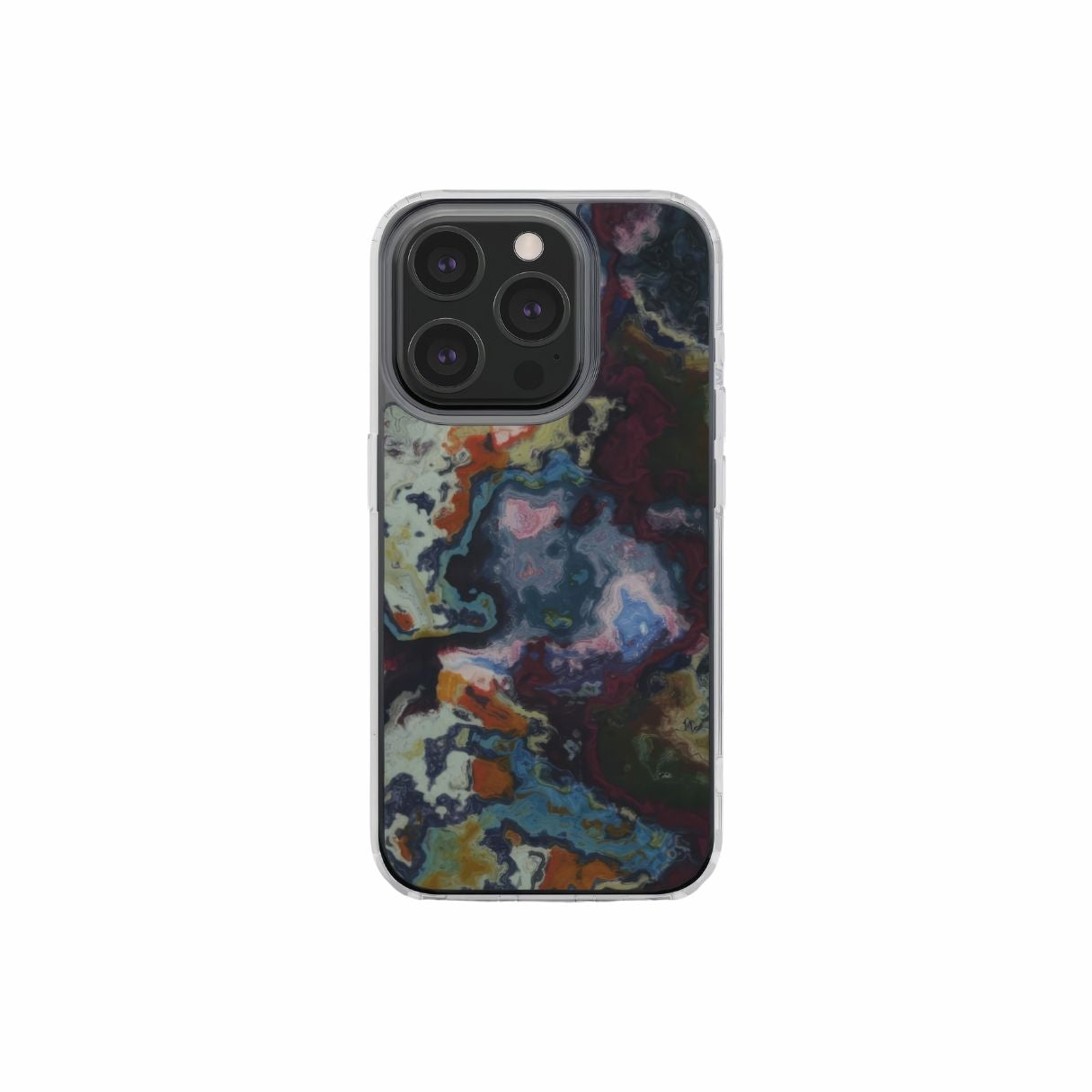 Clear phone case front view; Molten Berries pattern, artistic, abstract marble pattern. Deep purple color. Bold expressive aesthetic design. Colorful and interior fit. Elegant.