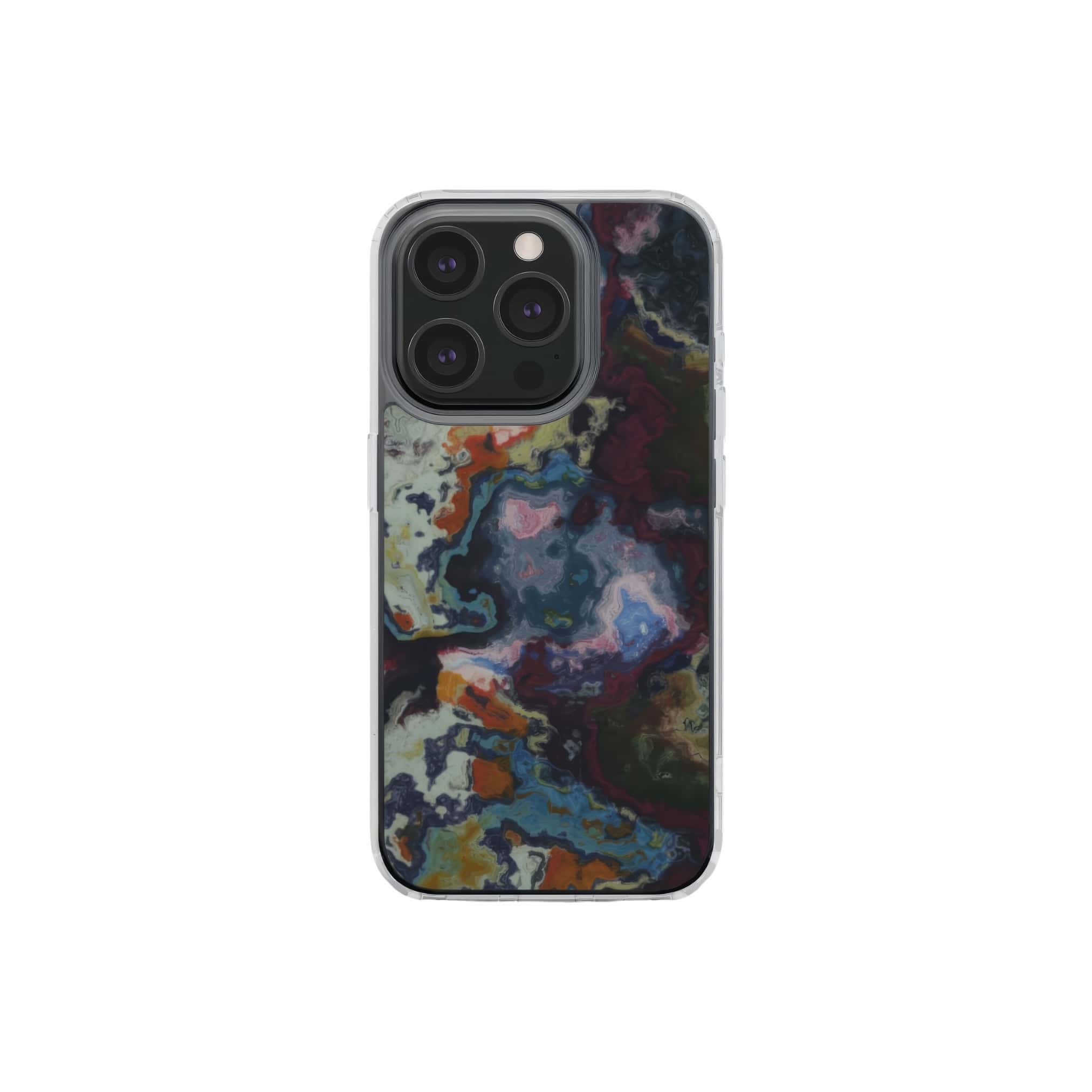 Clear phone case front view; Molten Berries pattern, artistic, abstract marble pattern. Deep purple color. Bold expressive aesthetic design. Colorful and interior fit. Elegant.