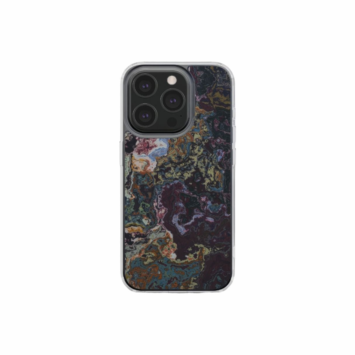 Clear phone case front view; Molten Berries Mix pattern, artistic, abstract marble pattern. Deep. purple color. Bold expressive aesthetic design. Colorful and interior fit. Elegant.