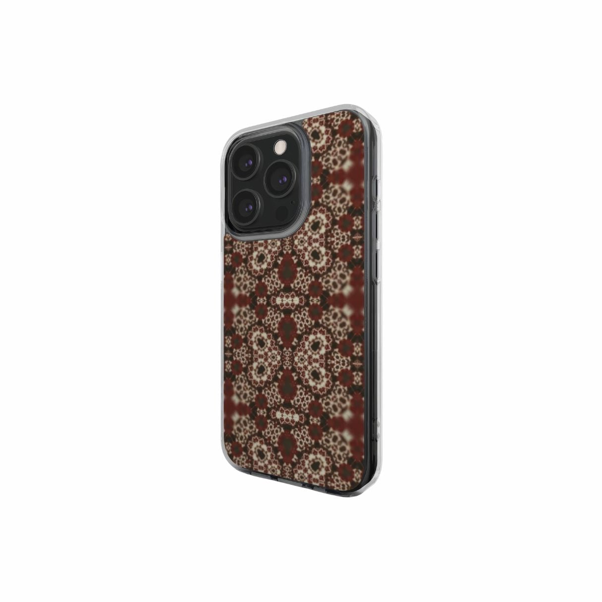 Valentine's edition design. Clear Phone Case My Heart pattern with ornamental design, featuring an elegant and expressive aesthetic shape. Main color is deep red. Side view.