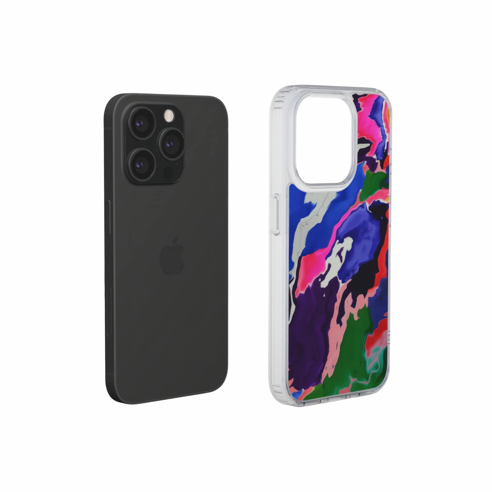 Clear phone case extend view; Nebula Drift pattern, artistic, abstract marble pattern. Blue and purple color combination. Bold expressive aesthetic design. Colorful and interior fit. Elegant.