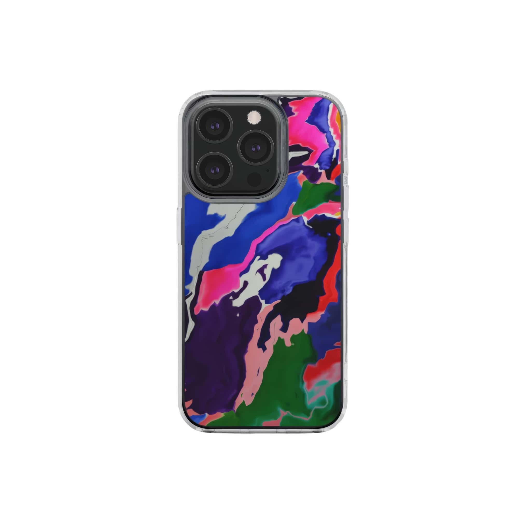 Clear phone case front view; Nebula Drift pattern, artistic, abstract marble pattern. Blue and purple color combination. Bold expressive aesthetic design. Colorful and interior fit. Elegant.