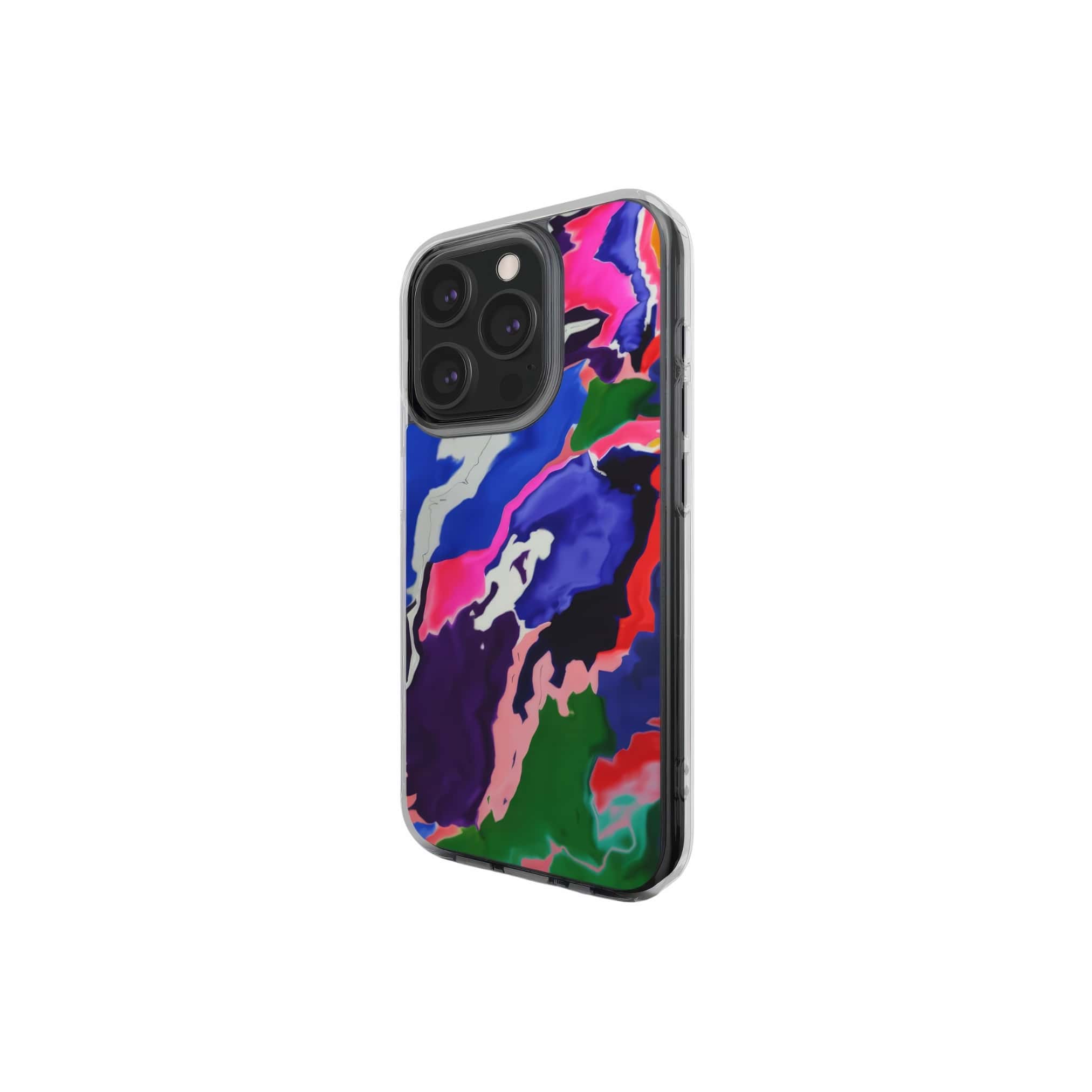 Clear phone case side view; Nebula Drift pattern, artistic, abstract marble pattern. Blue and purple color combination. Bold expressive aesthetic design. Colorful and interior fit. Elegant.