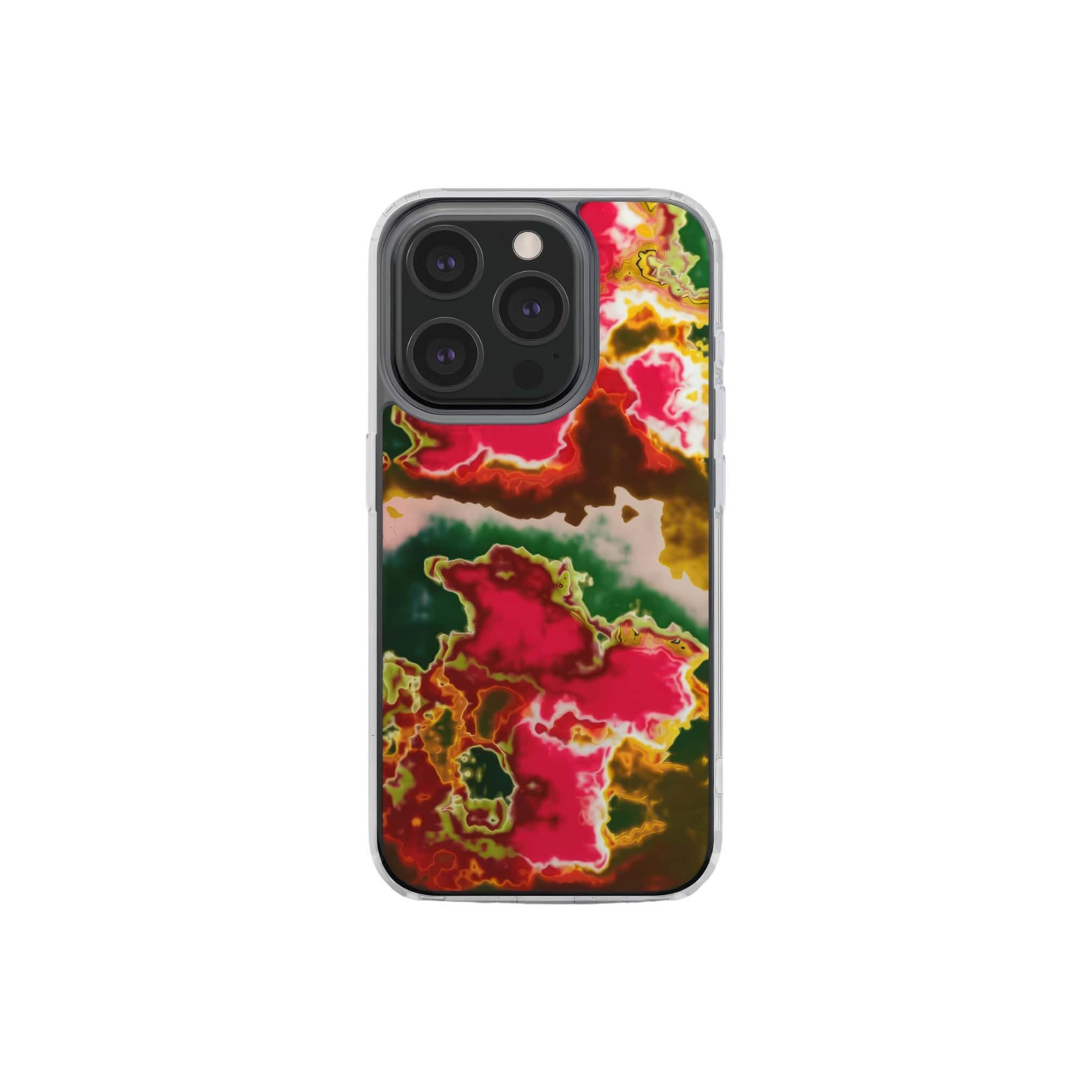 Clear phone case front view; Neon Pink Rich pattern, artistic, abstract marble pattern. Pink and green color combination. Bold expressive aesthetic design. Colorful and interior fit. Elegant.