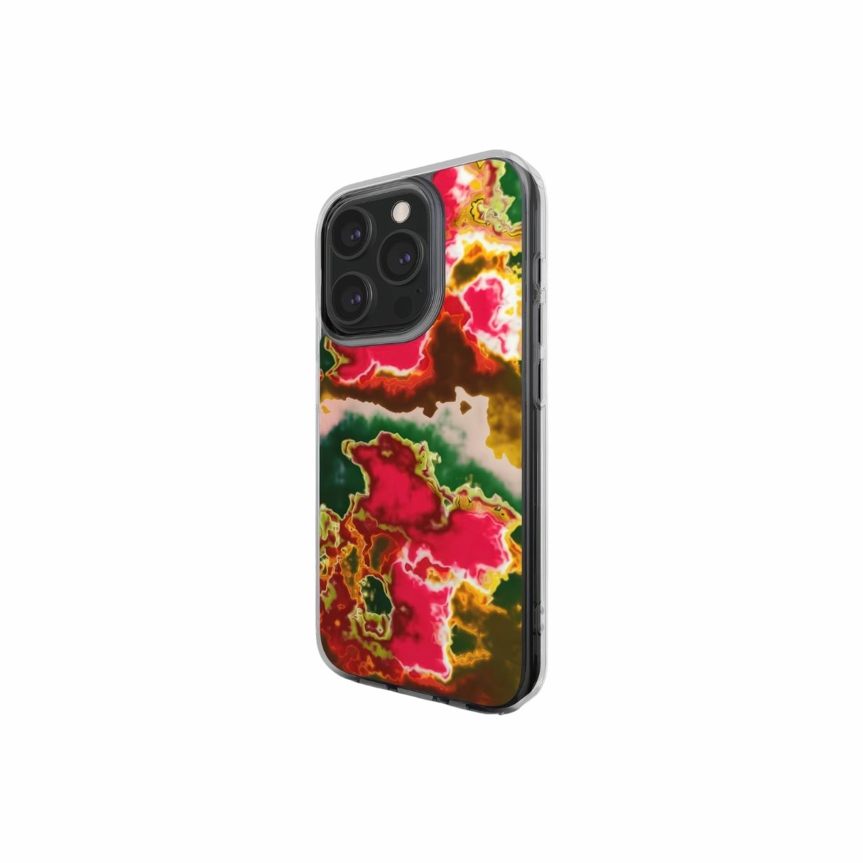 Clear phone case side view; Neon Pink Rich pattern, artistic, abstract marble pattern. Pink and green color combination.