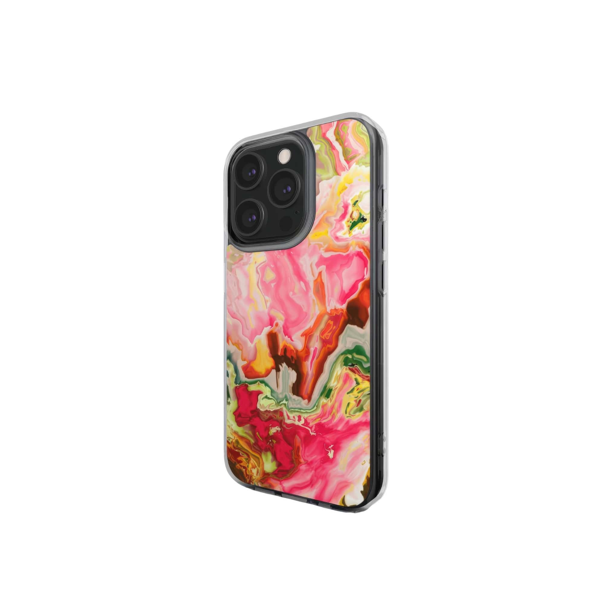 Clear phone case side view; Neon Pink pattern, artistic, abstract marble pattern. Pink and green color combination.