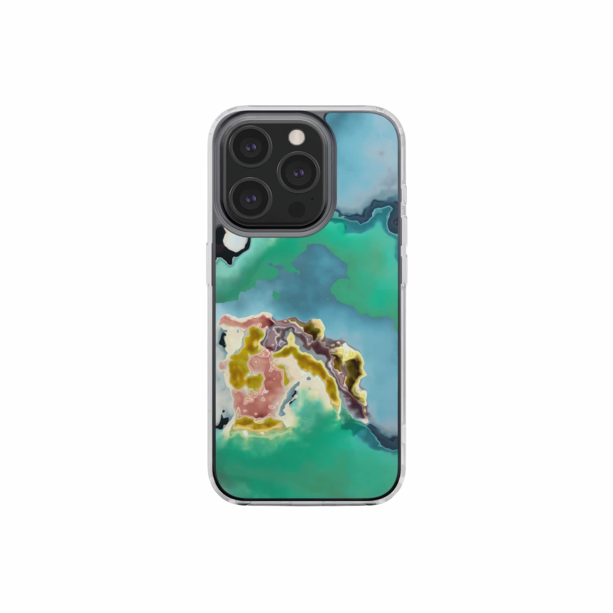 Clear phone case with a bold vivid pattern Oceans Breath 1 in marble abstract and artistic style, featuring an elegant and expressive aesthetic design. Main colors are blue and green. Front view.