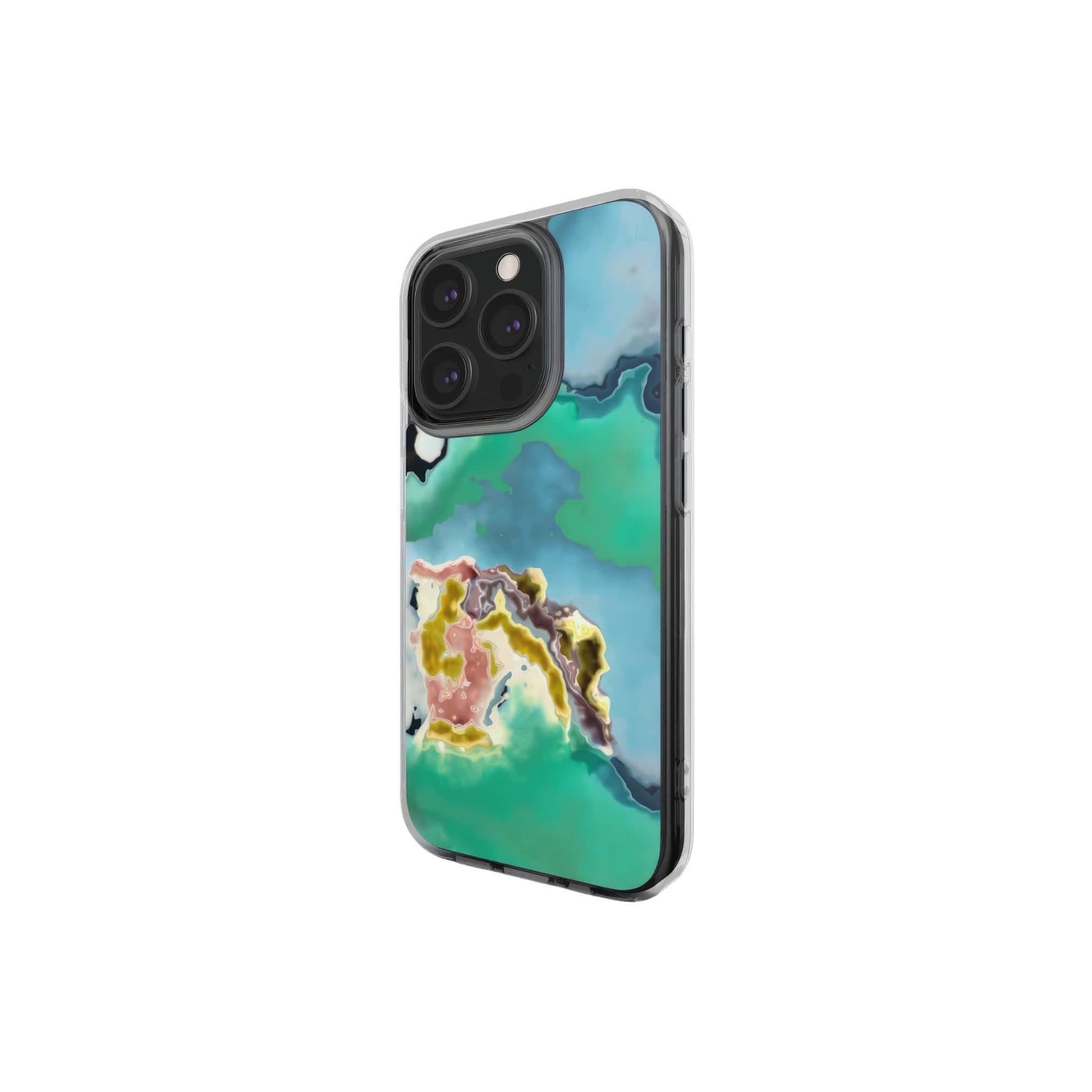 Clear phone case with a bold vivid pattern Oceans Breath 1 in marble abstract and artistic style, featuring an elegant and expressive aesthetic design. Main colors are blue and green. Side view.