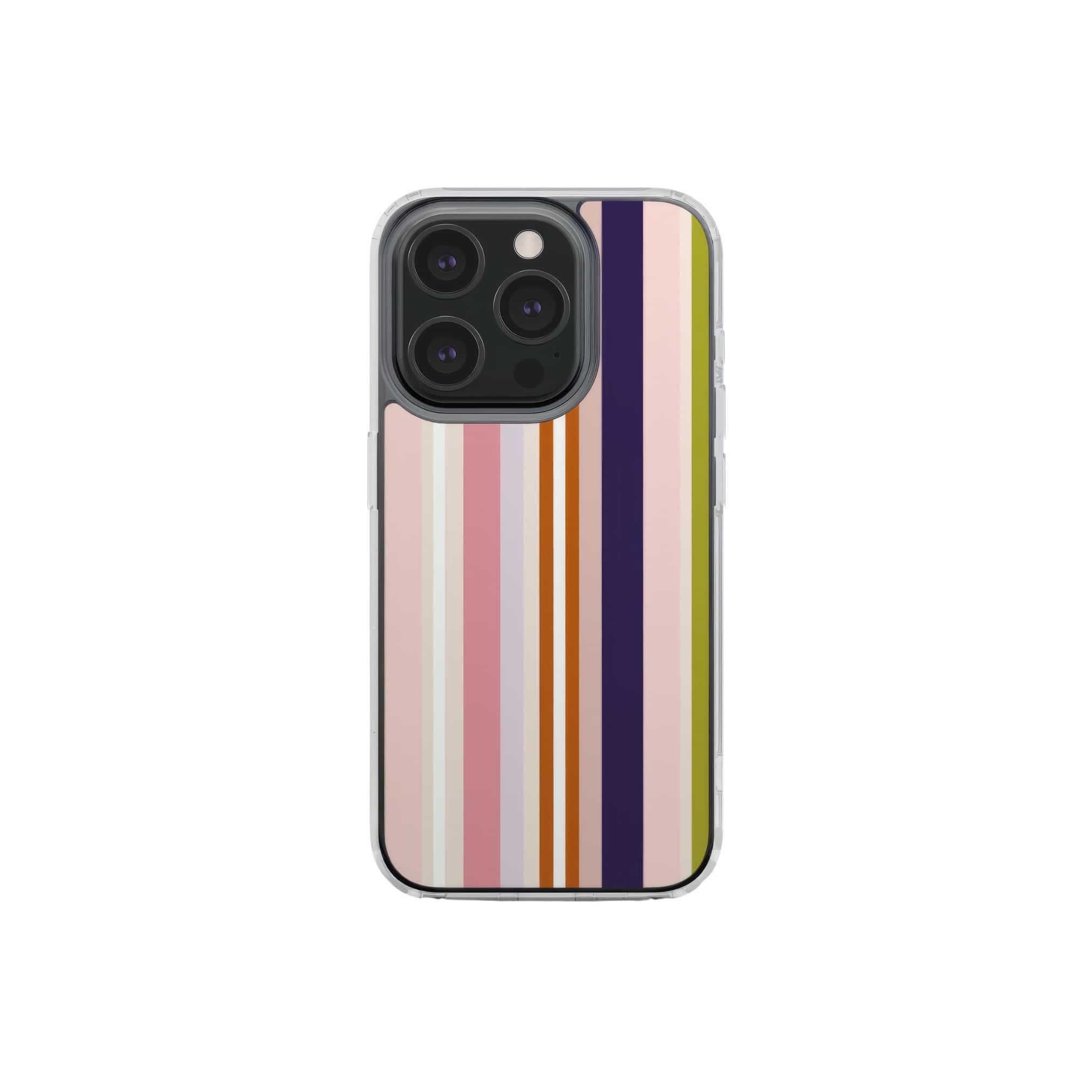 Clear phone case Parallel Flow Pink pattern with tiny color stripes, featuring an elegant and expressive aesthetic design. Main colors are pink, lilac and purple. Front view.