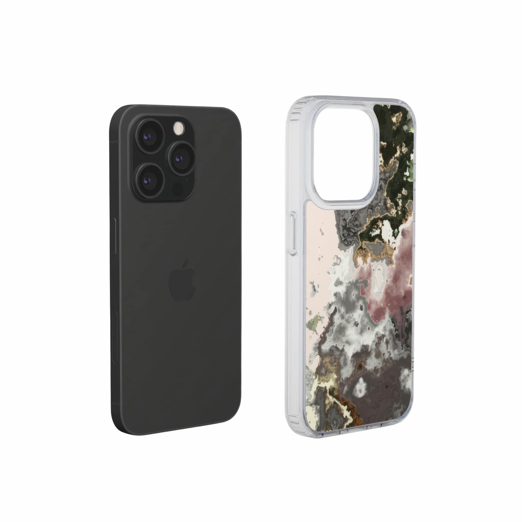 Clear phone case extend view; Pink Moss pattern, artistic, abstract marble pattern. Pink and grey color combination.