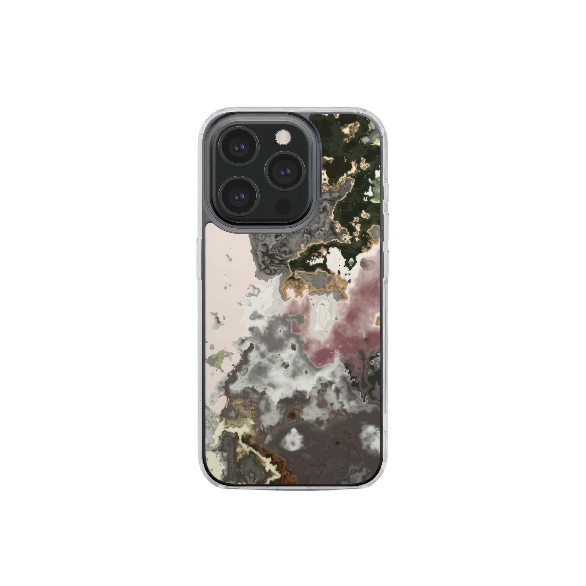 Clear phone case front view; Pink Moss pattern, artistic, abstract marble pattern. Pink and grey color combination. Bold expressive aesthetic design. Colorful and interior fit. Elegant.