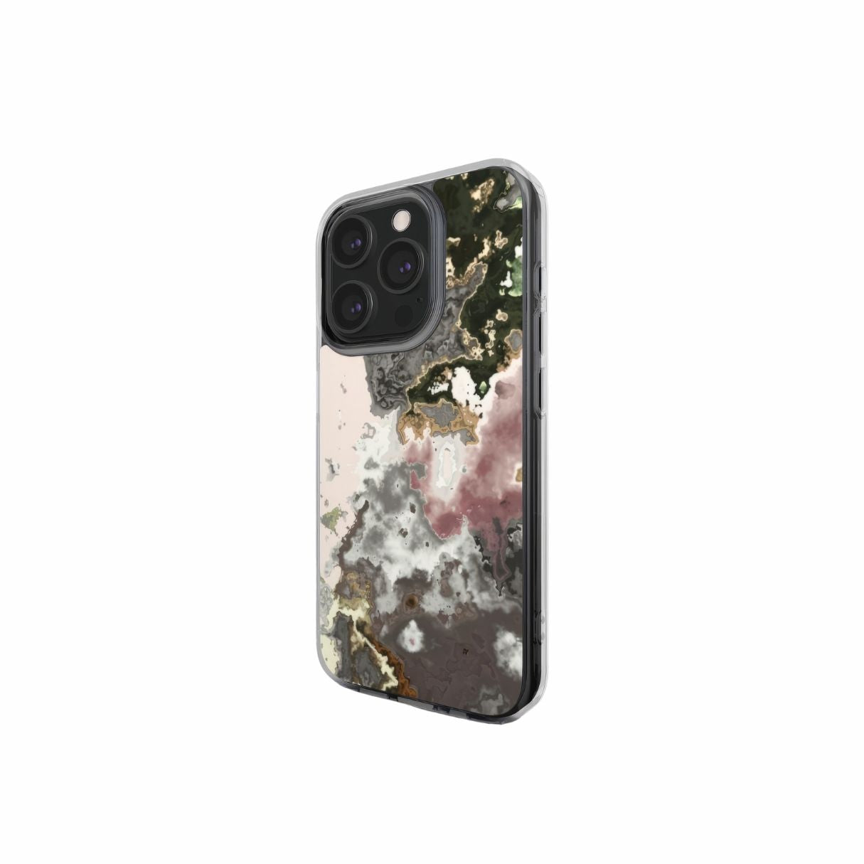 Clear phone case side view; Pink Moss pattern, artistic, abstract marble pattern. Pink and grey color combination.