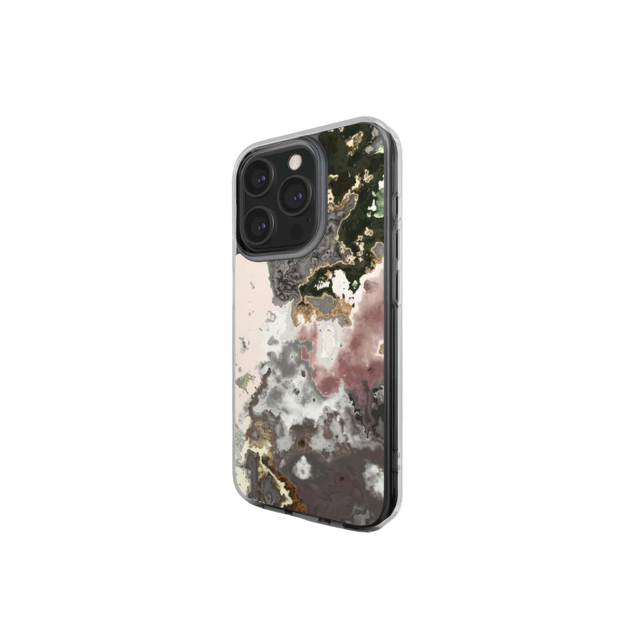 Clear phone case side view; Pink Moss pattern, artistic, abstract marble pattern. Pink and grey color combination.