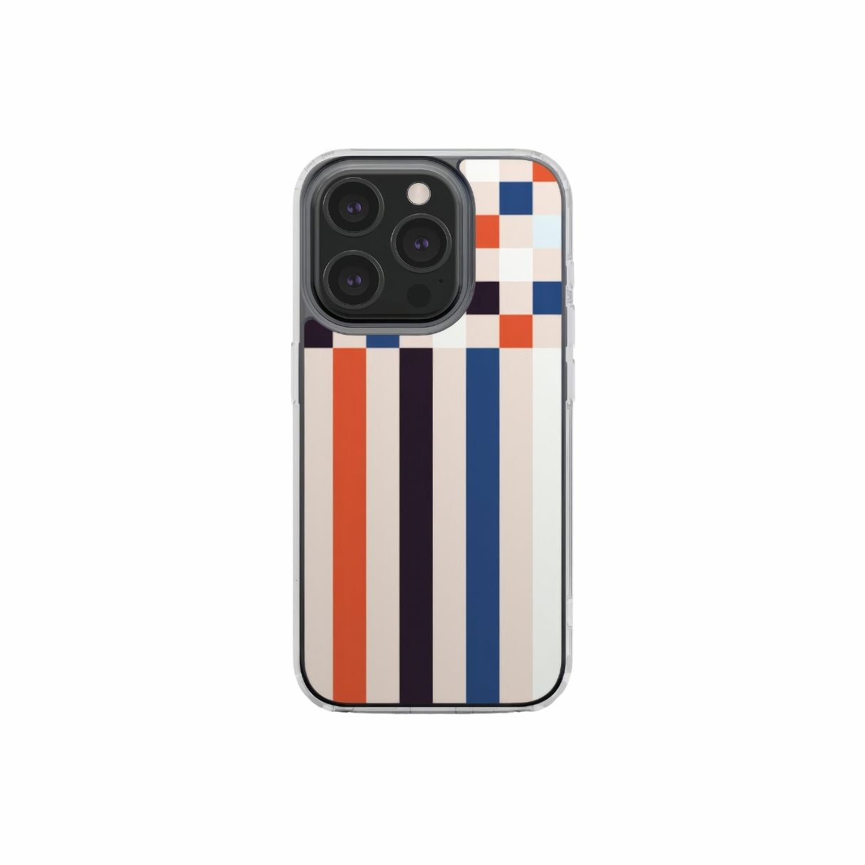 Clear phone case Pixel Grid Blue pattern design with a bold color blocks in pixel and stripes modern style, featuring an elegant and expressive aesthetic design. Main colors are pink, navy, orange red and light sky blue. Front view.