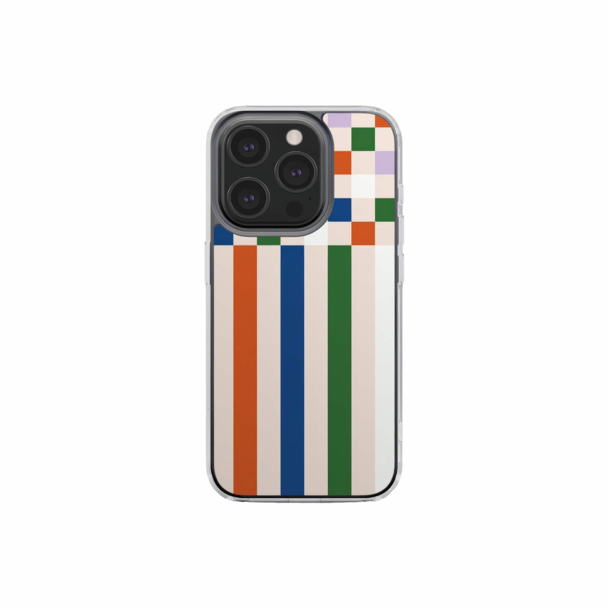 Clear phone case Pixel Grid Multi pattern design with a bold color blocks in pixel and stripes modern style, featuring an elegant and expressive aesthetic design. Main colors are rich orange, blue, lilac and green. Front view.