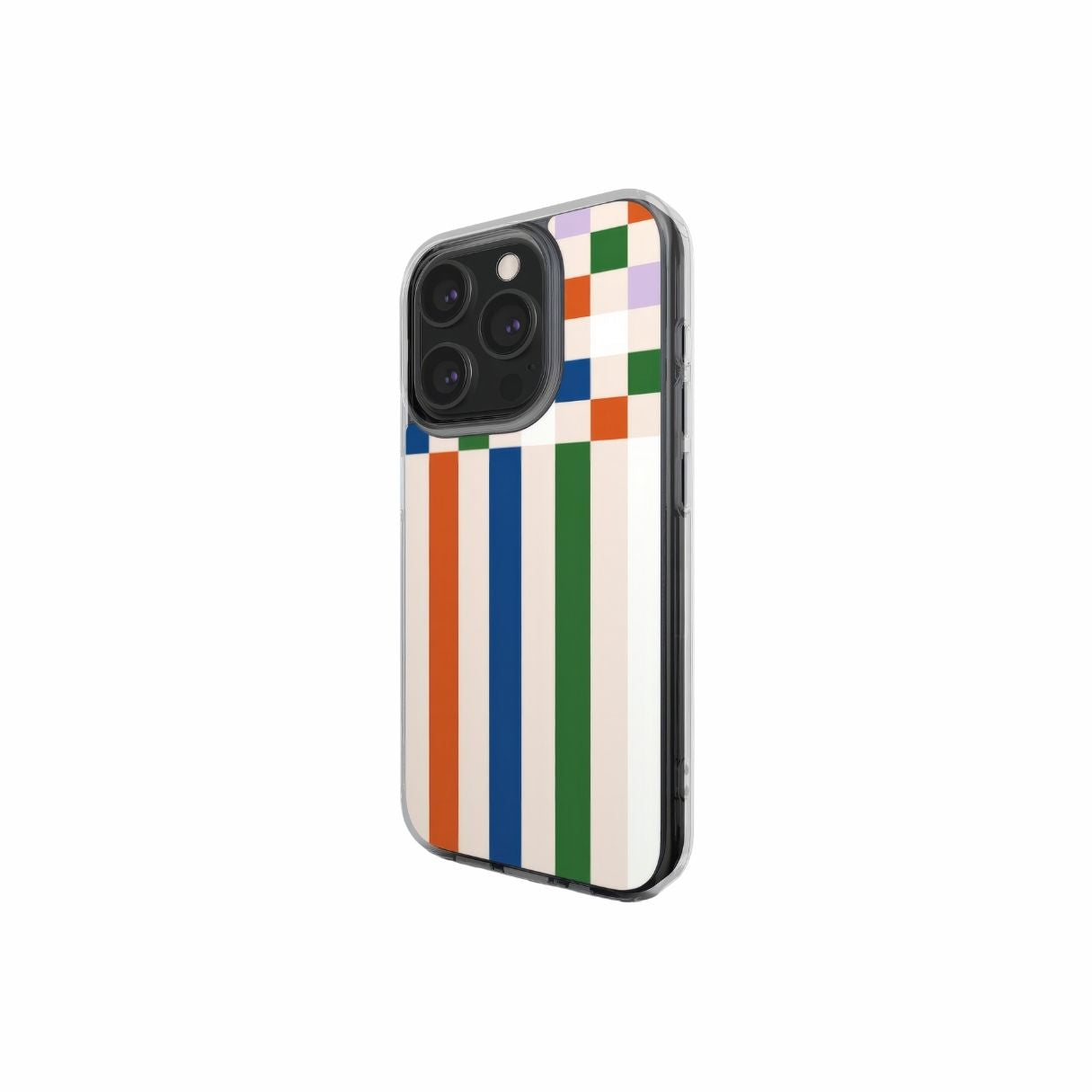 Clear phone case Pixel Grid Multi pattern design with a bold color blocks in pixel and stripes modern style, featuring an elegant and expressive aesthetic design. Main colors are rich orange, blue, lilac and green. Side view.