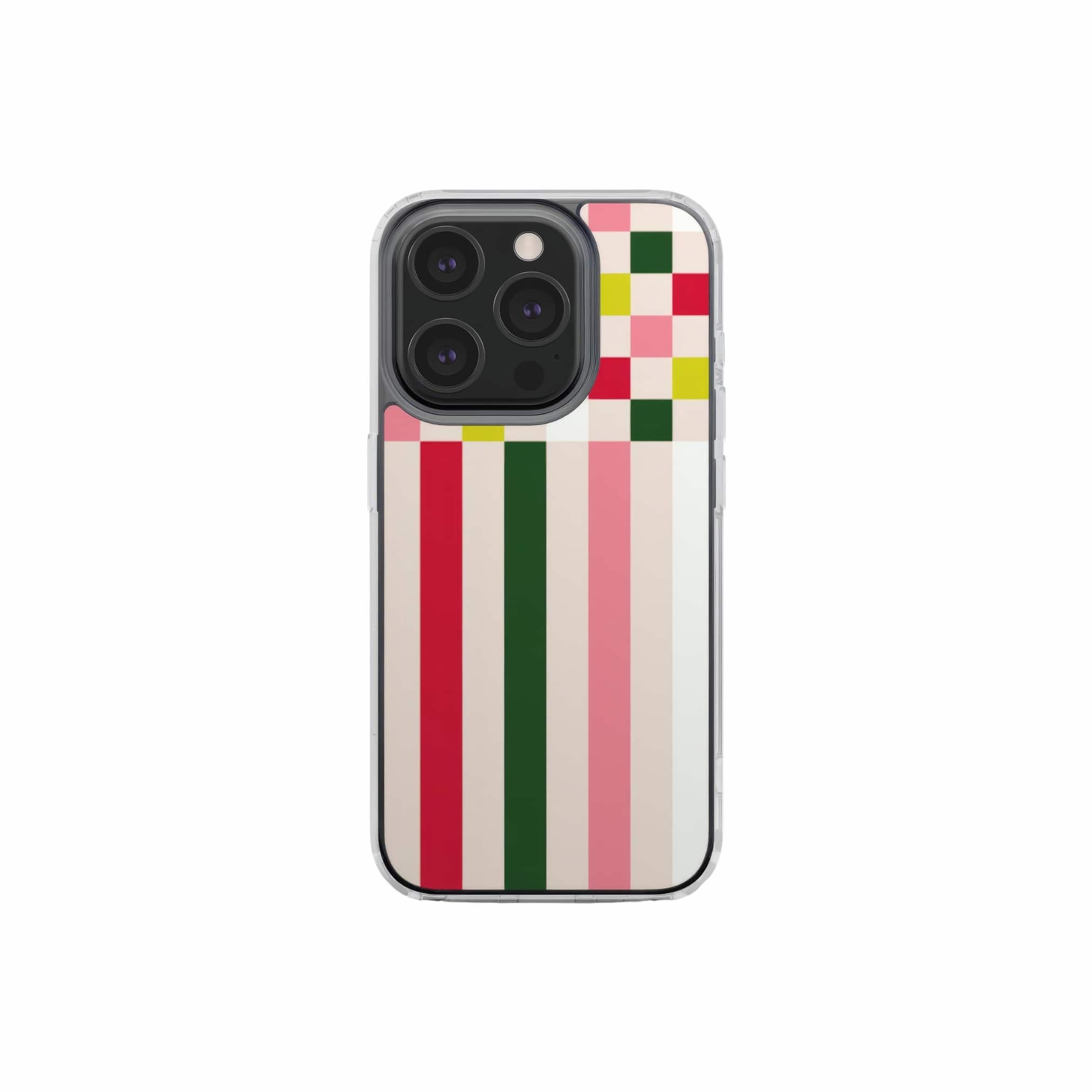 Clear phone case Pixel Grid Pink pattern design with a bold color blocks in pixel and stripes modern style, featuring an elegant and expressive aesthetic design. Main colors are rich red, pink yellow and green. Front view.