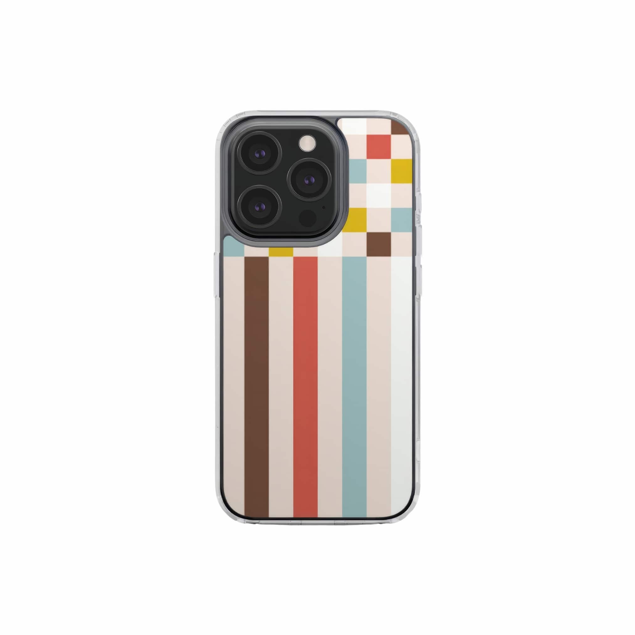 Clear phone case Pixel Grid Vintage pattern design with a bold color blocks in pixel and stripes modern style, featuring an elegant and expressive aesthetic design. Main colors are pastel with pink, brown, muted red and light sky blue. Front view.