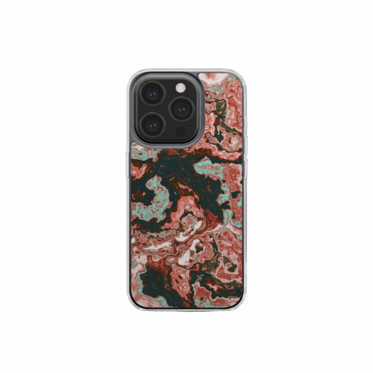 Clear phone case front view; Red Coffee pattern, artistic, abstract marble pattern. Red and light blue color combination. Bold expressive aesthetic design. Colorful and interior fit. Elegant.