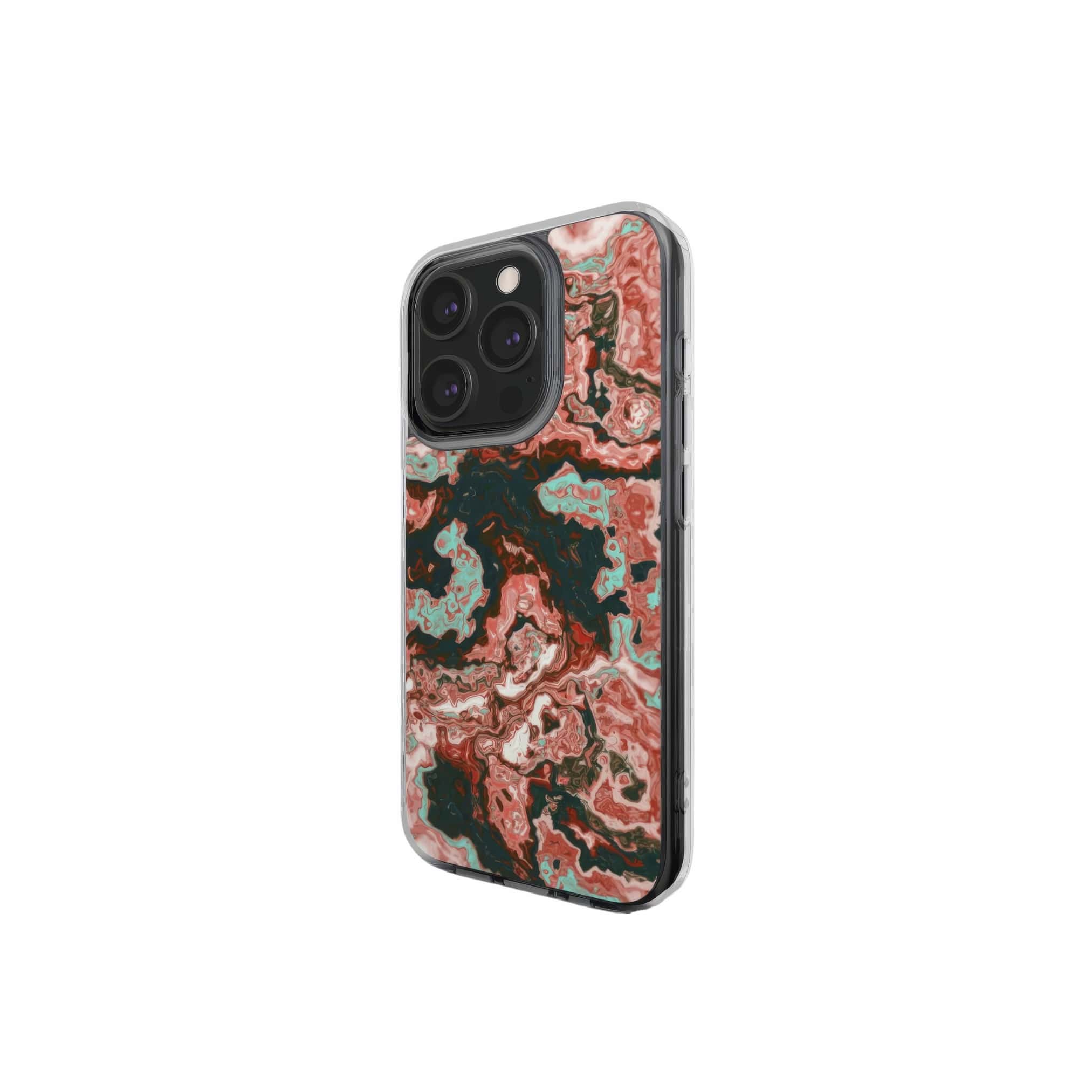 Clear phone case side view; Red Coffee pattern, artistic, abstract marble pattern. Red and light blue color combination.