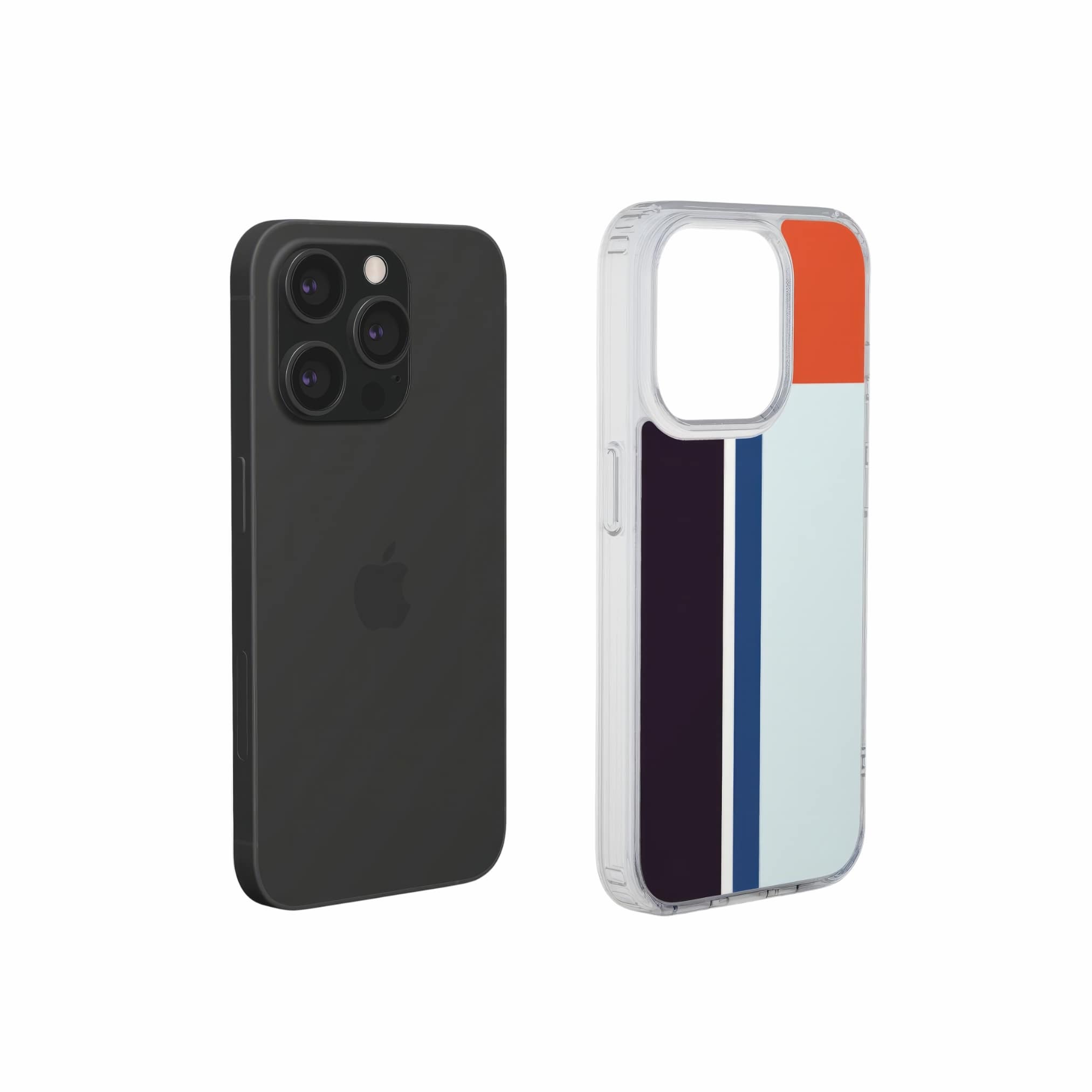 Clear phone durable case Retro Stripes Blue pattern design with a bold color blocks in vintage, mid century modern style, featuring an elegant and expressive aesthetic design. Main colors are deep purple, navy, light blue and orange red. Extend view.