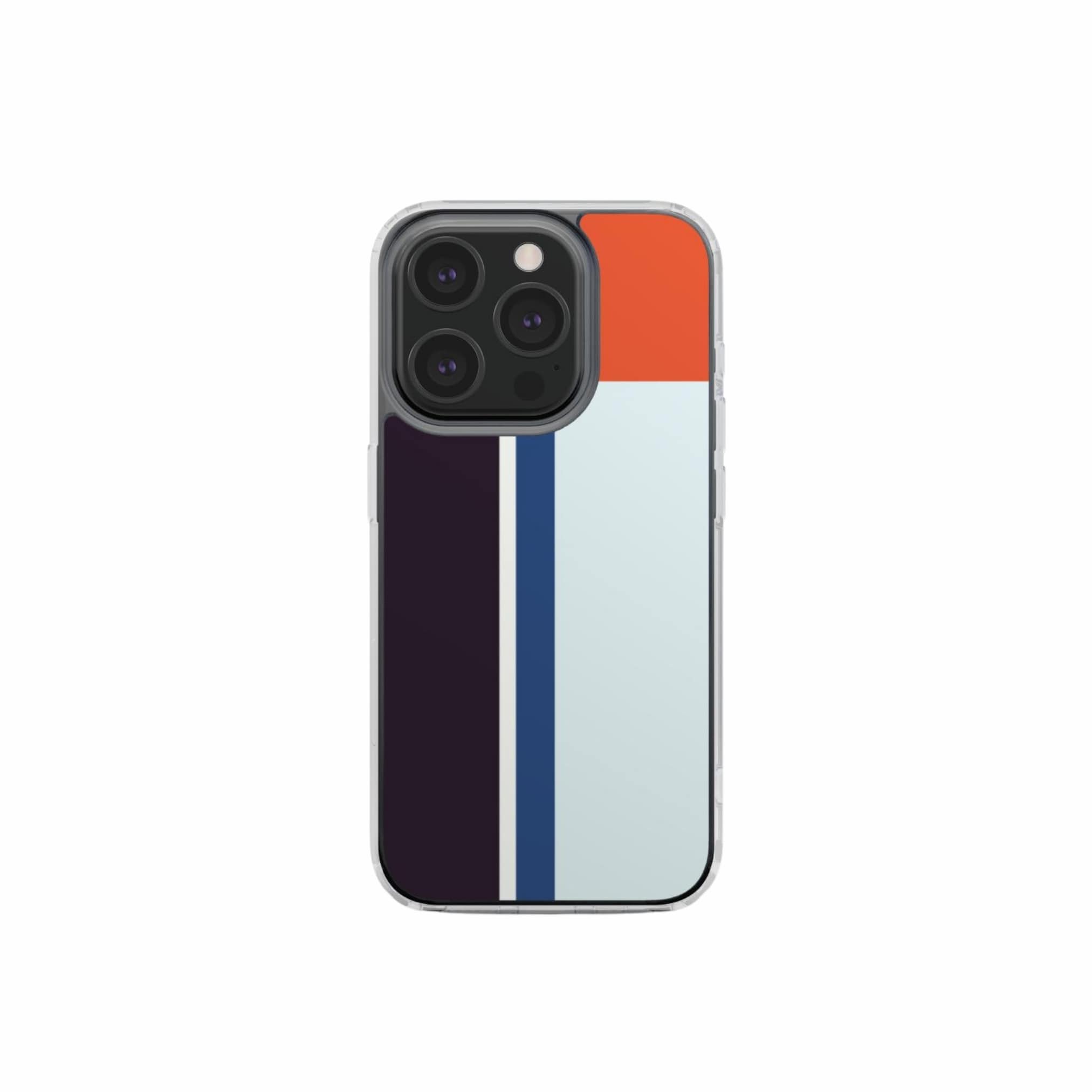 Clear phone durable case Retro Stripes Blue pattern design with a bold color blocks in vintage, mid century modern style, featuring an elegant and expressive aesthetic design. Main colors are deep purple, navy, light blue and orange red. Front view.