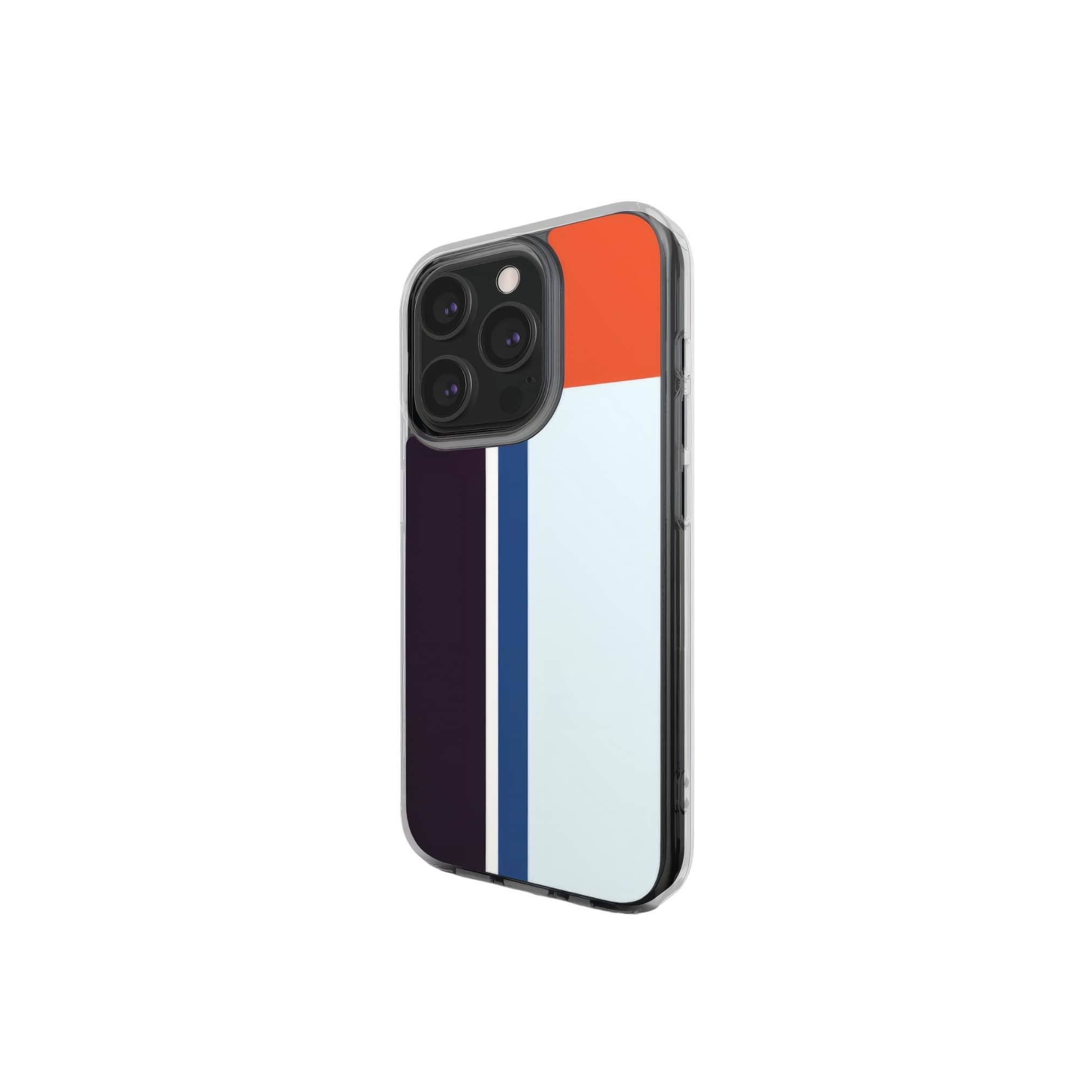 Clear phone durable case Retro Stripes Blue pattern design with a bold color blocks in vintage, mid century modern style, featuring an elegant and expressive aesthetic design. Main colors are deep purple, navy, light blue and orange red. Side view.