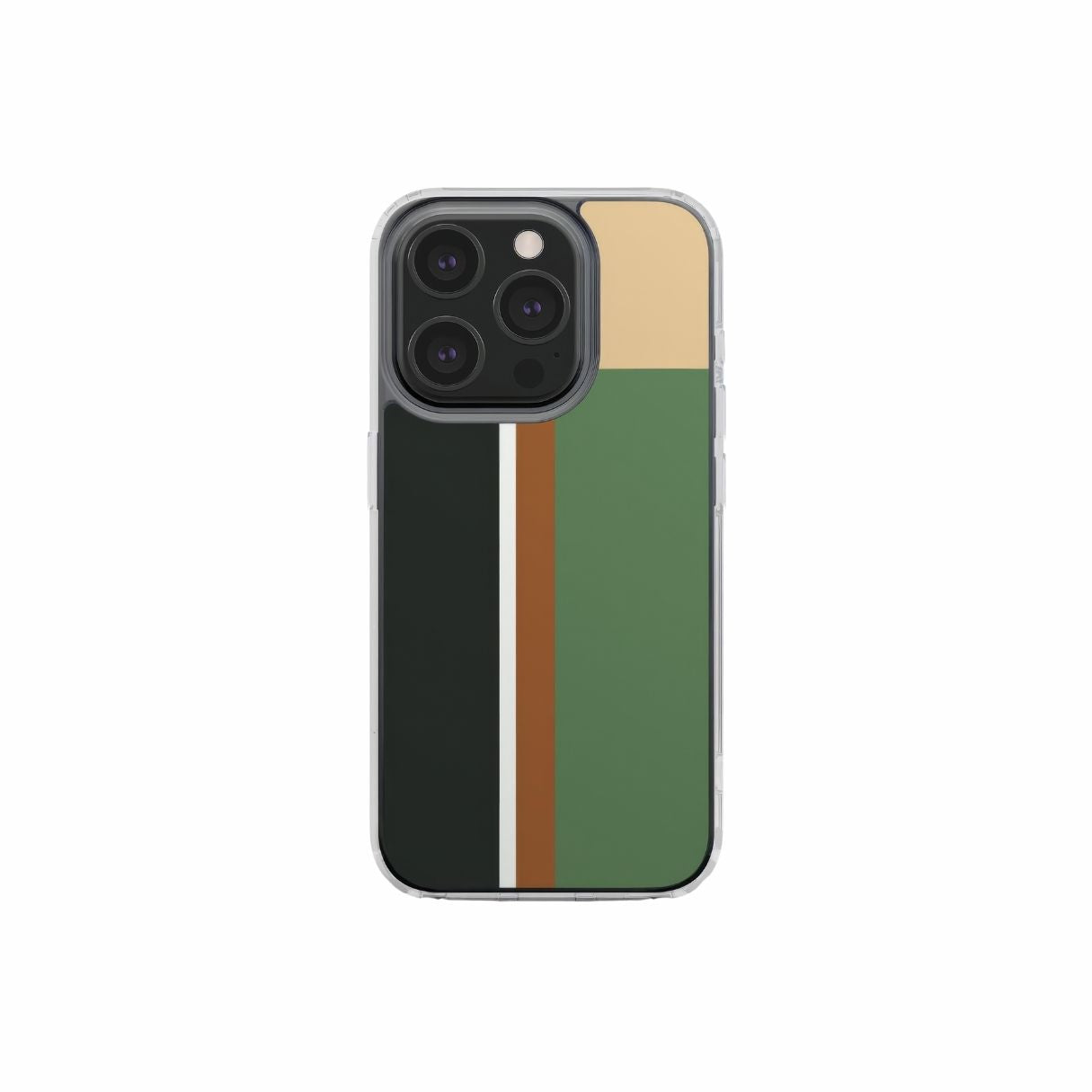 Clear phone case Retro Stripes Khaki pattern design with a bold color blocks in vintage, mid century modern style, featuring an elegant and expressive aesthetic design. Main colors are khaki, dark green, brown and cappuccino. Front view.