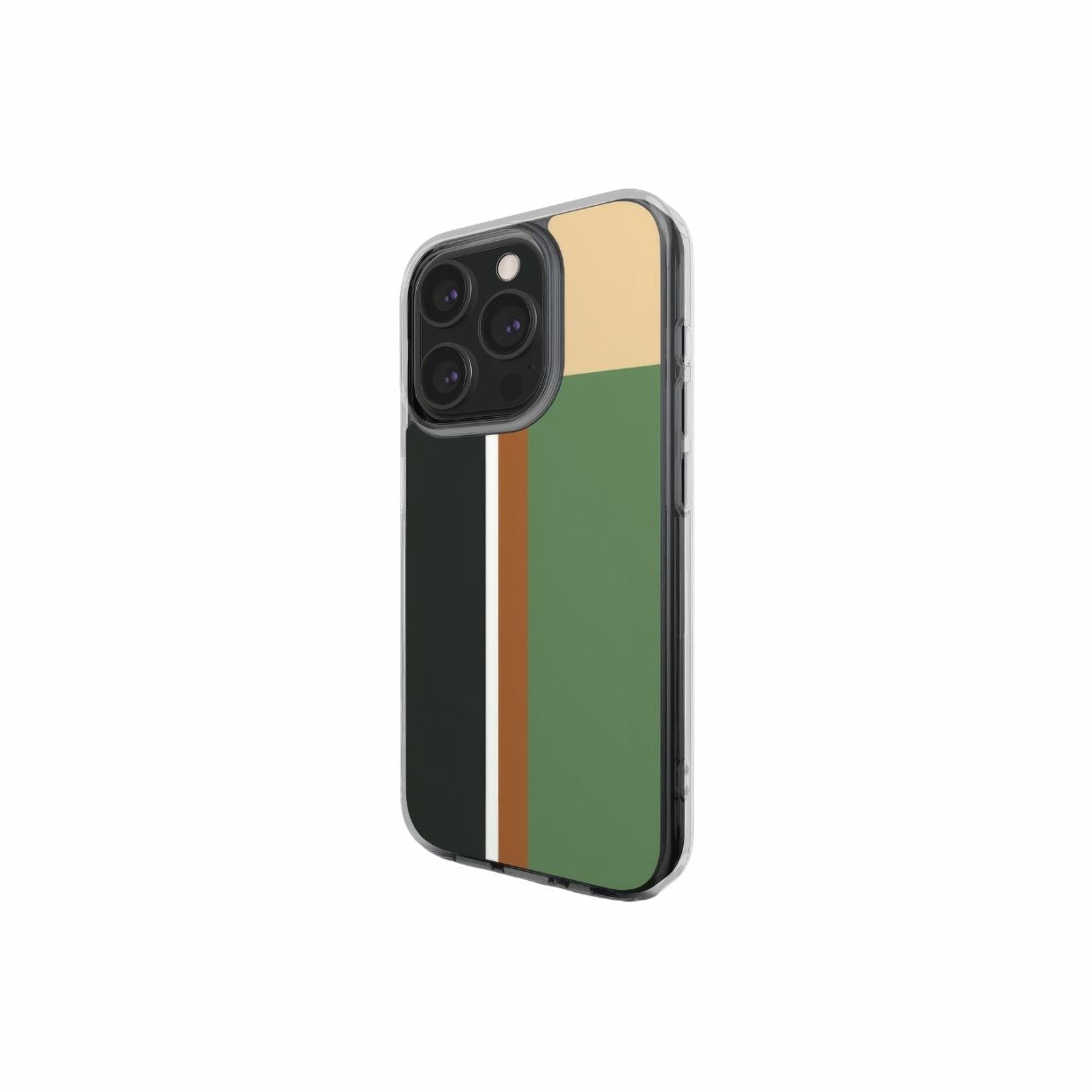 Clear phone case Retro Stripes Khaki pattern design with a bold color blocks in vintage, mid century modern style, featuring an elegant and expressive aesthetic design. Main colors are khaki, dark green, brown and cappuccino. Side view.