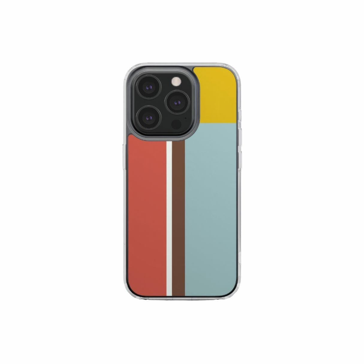 Clear phone case Retro Stripes Red pattern design with a bold color blocks in vintage, mid century modern style, featuring an elegant and expressive aesthetic design. Main colors are yellow, muted red and light blue. Front view.