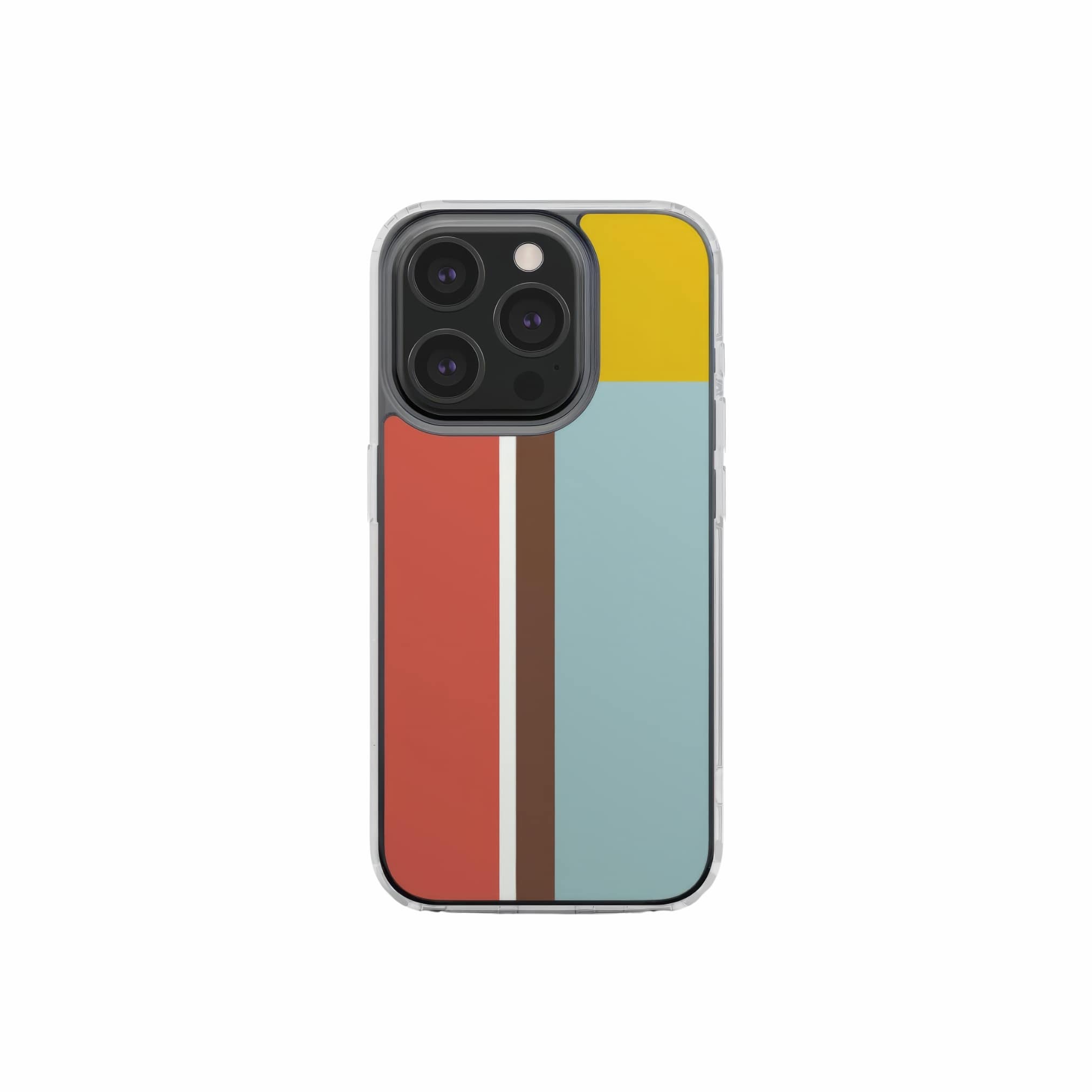 Clear phone case Retro Stripes Red pattern design with a bold color blocks in vintage, mid century modern style, featuring an elegant and expressive aesthetic design. Main colors are yellow, muted red and light blue. Front view.