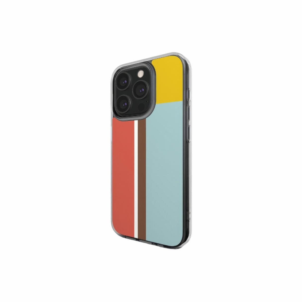 Clear phone case Retro Stripes Red pattern design with a bold color blocks in vintage, mid century modern style, featuring an elegant and expressive aesthetic design. Main colors are yellow, muted red and light blue. Side view.