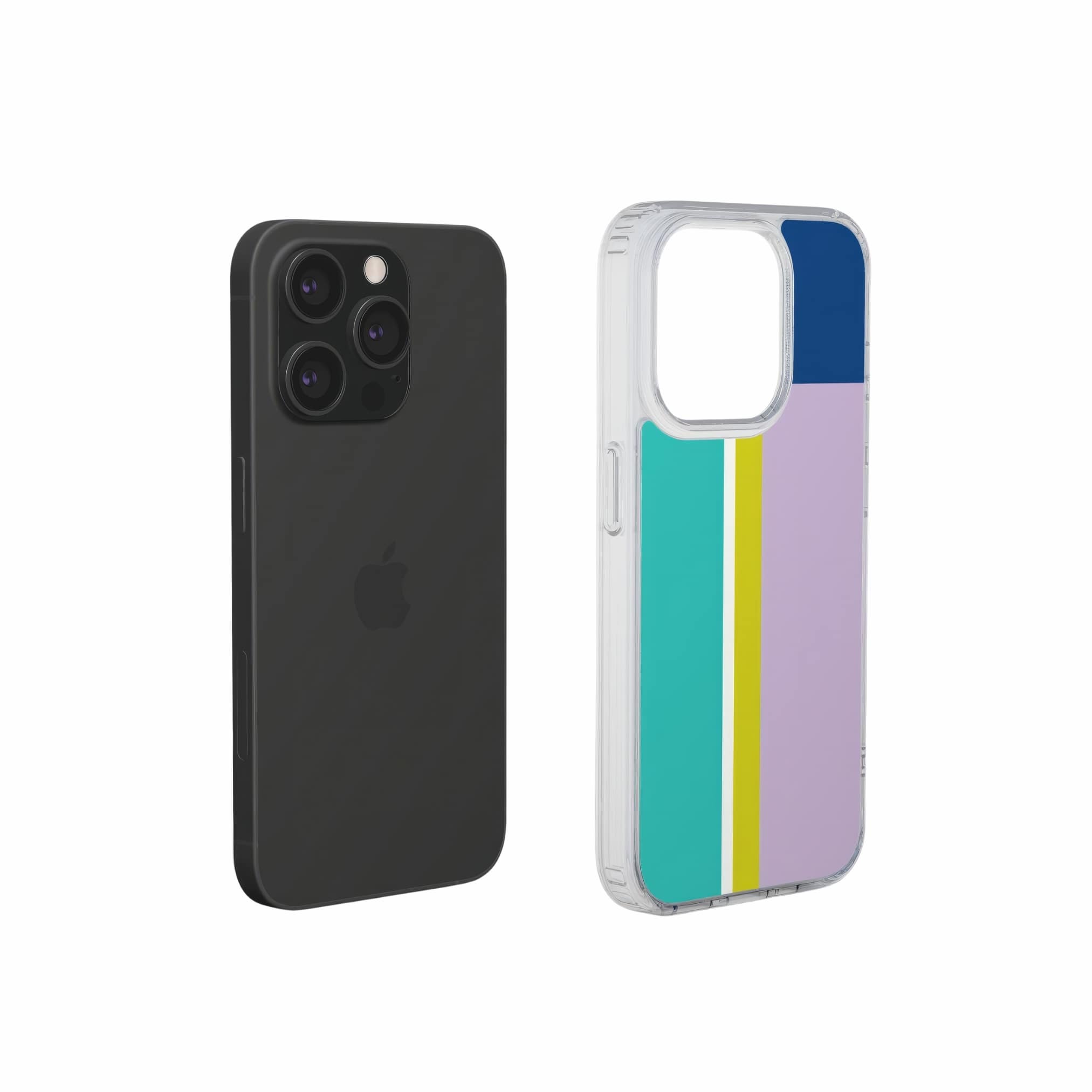 Clear phone case Retro Stripes Teal pattern design with a bold color blocks in vintage, mid century modern style, featuring an elegant and expressive aesthetic design. Main colors are navy blue, teal green, lilac and yellow. Extend view.