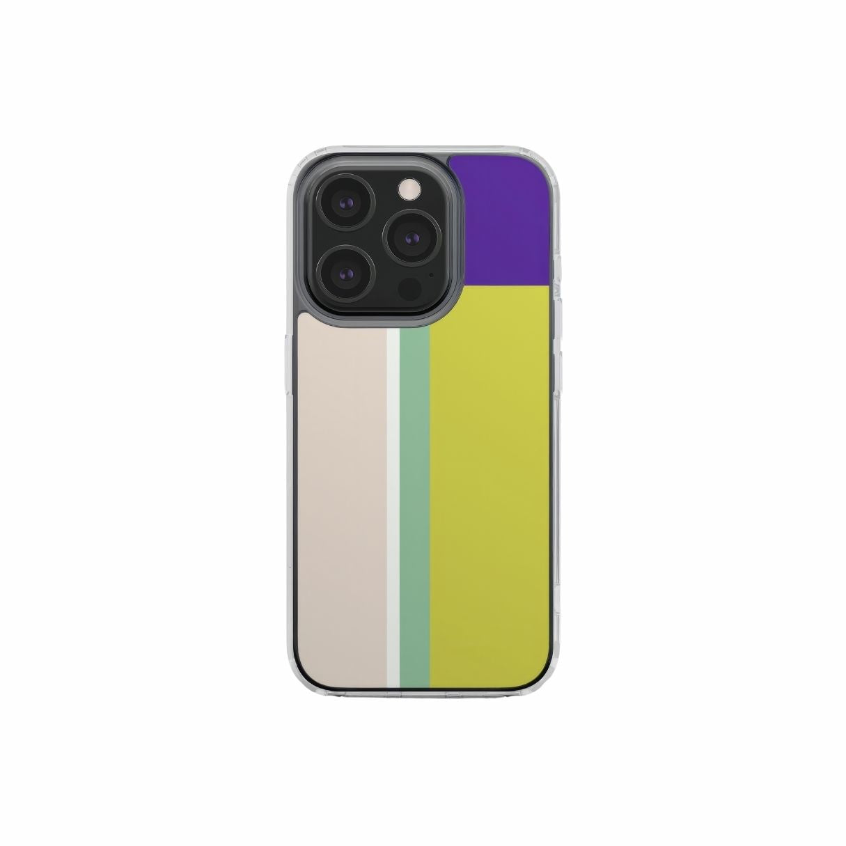 Clear phone case Retro Stripes Yellow pattern design with a bold color blocks in vintage, mid century modern style, featuring an elegant and expressive aesthetic design. Main colors are mustard yellow, purple and light pink. Front view.