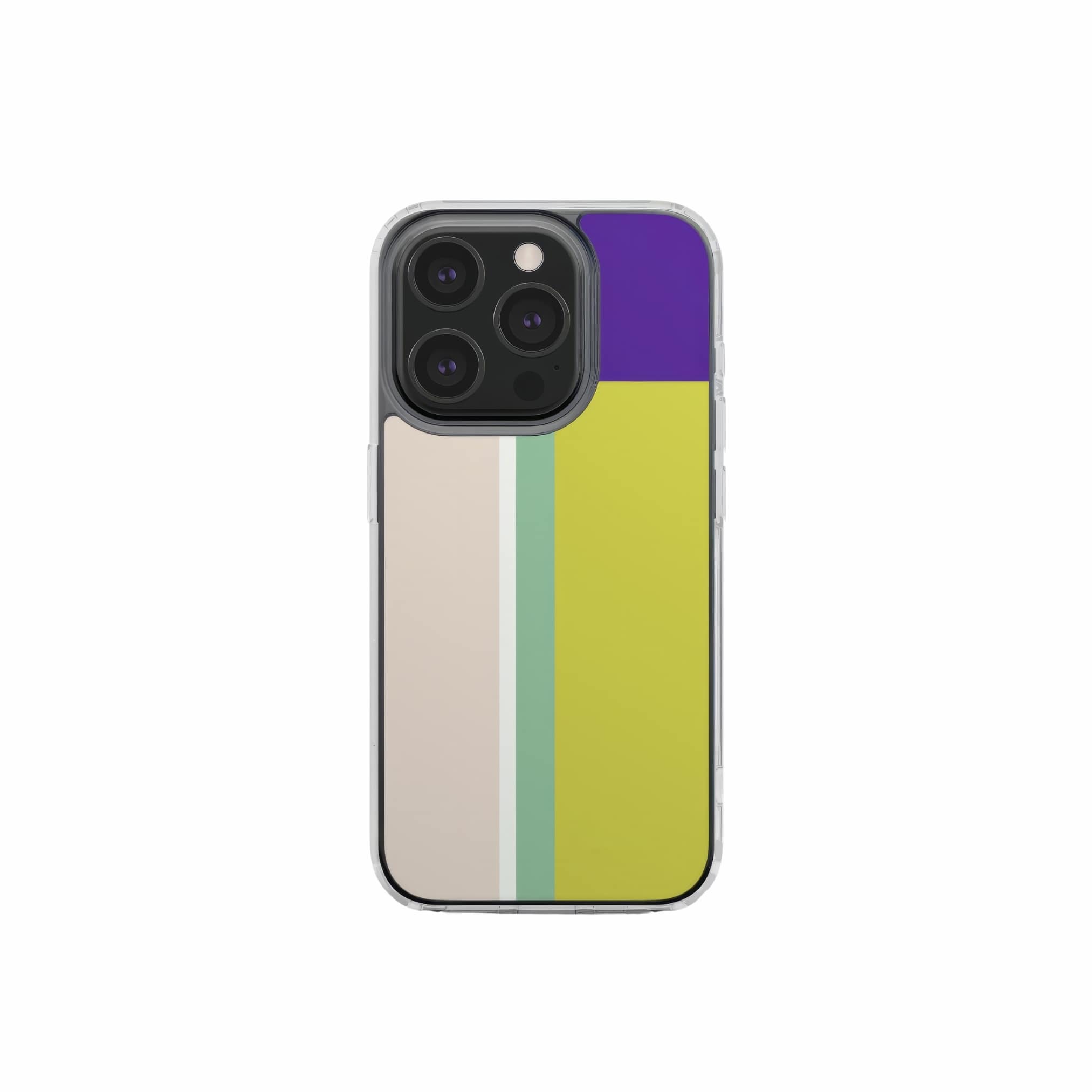 Clear phone case Retro Stripes Yellow pattern design with a bold color blocks in vintage, mid century modern style, featuring an elegant and expressive aesthetic design. Main colors are mustard yellow, purple and light pink. Front view.