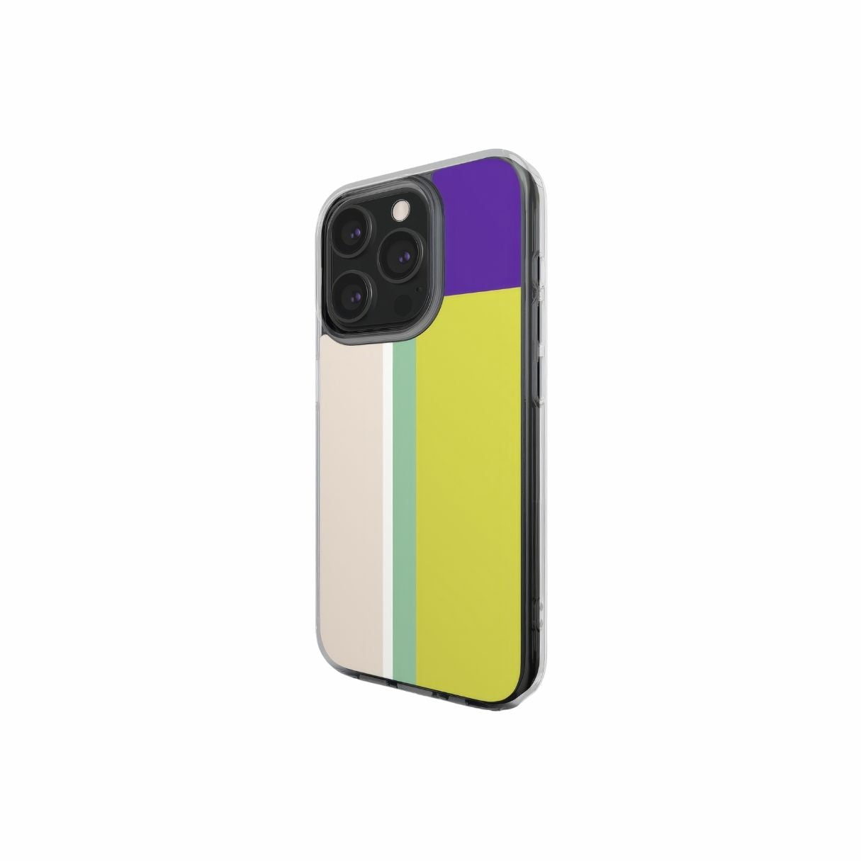 Clear phone case Retro Stripes Yellow pattern design with a bold color blocks in vintage, mid century modern style, featuring an elegant and expressive aesthetic design. Main colors are mustard yellow, purple and light pink. Side view.