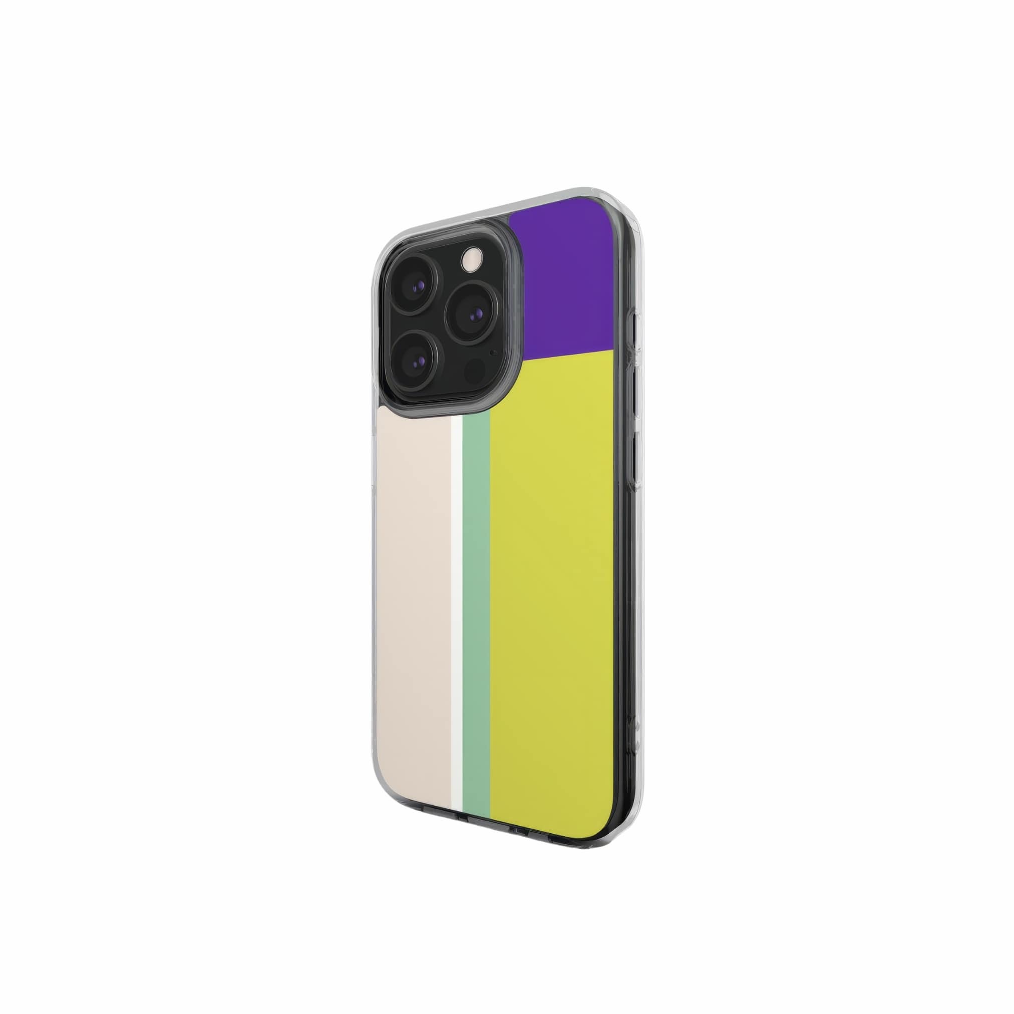 Clear phone case Retro Stripes Yellow pattern design with a bold color blocks in vintage, mid century modern style, featuring an elegant and expressive aesthetic design. Main colors are mustard yellow, purple and light pink. Side view.
