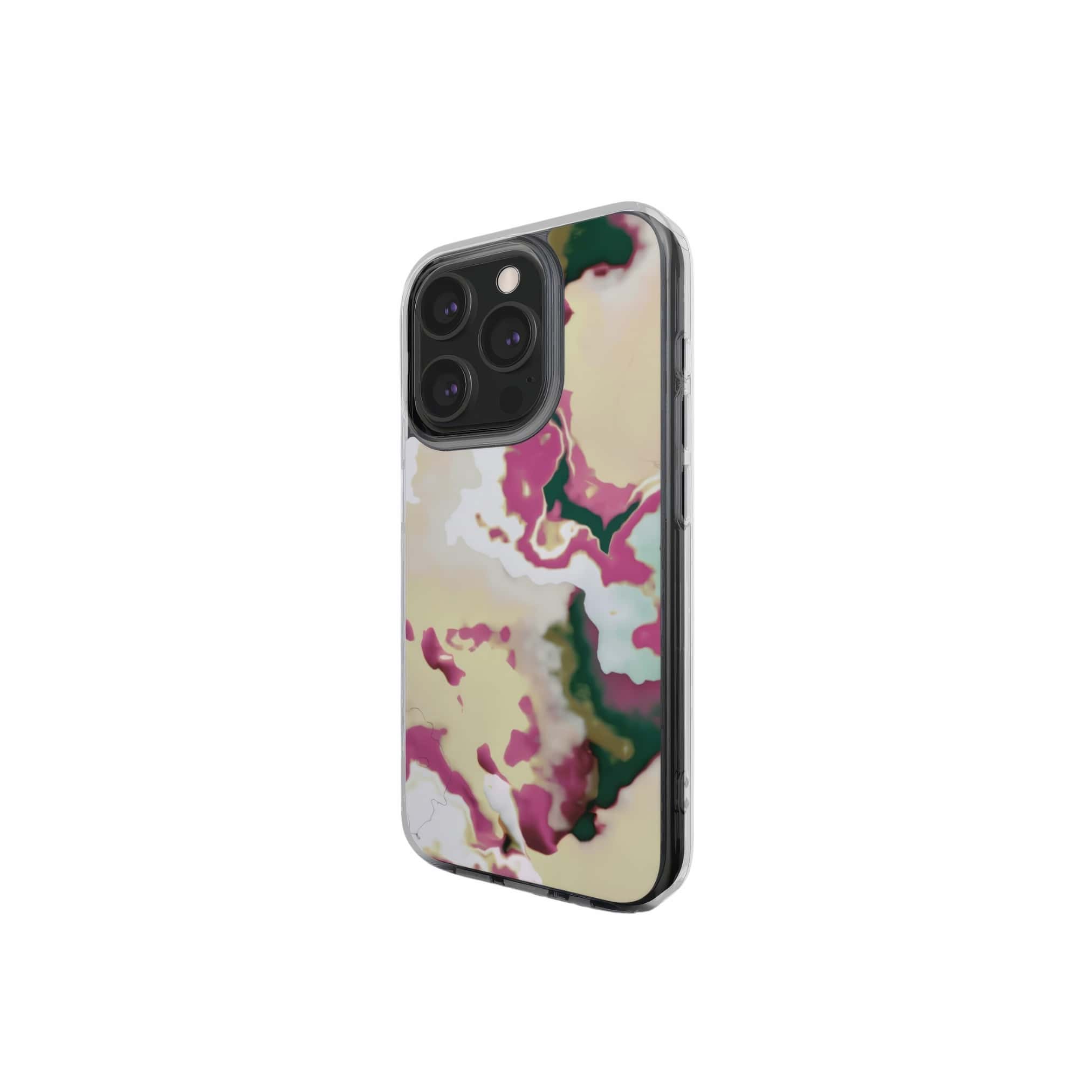 Clear phone case side view; Sandscape dream 1 pattern, artistic, abstract marble pattern. Beige and purple color combination. 