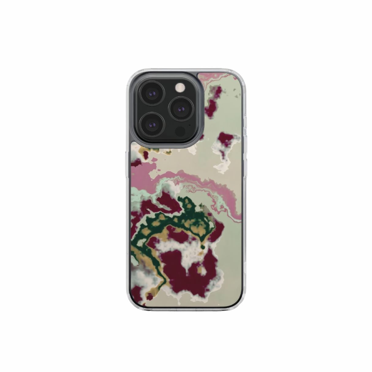 Clear phone case with Sandscape Dream Burgundy pattern in artistic, abstract shape. Beige, green and bordeaux color combination. Bold expressive aesthetic design. Colorful and interior fit. Elegant. Front view.