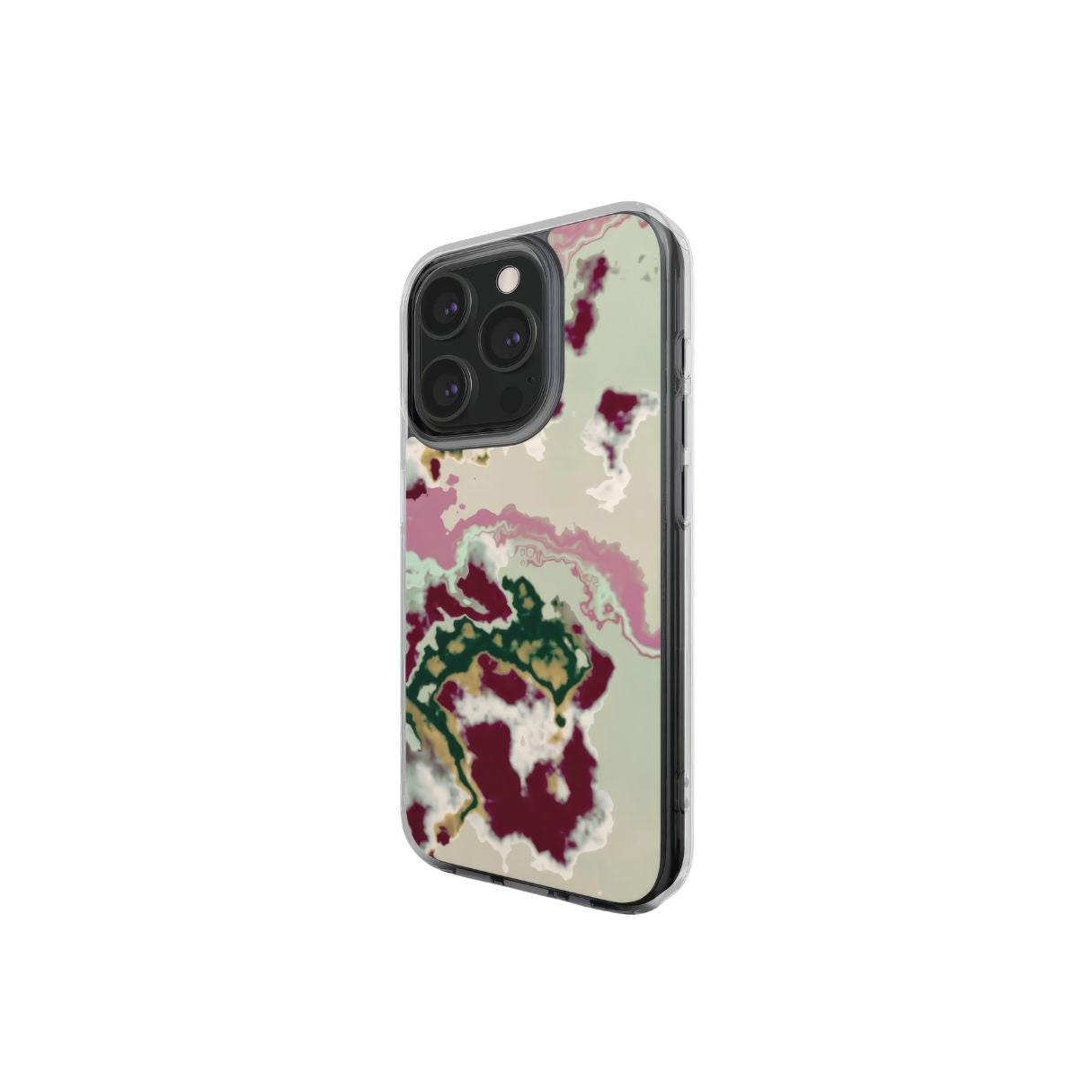 Clear phone case with Sandscape Dream Burgundy pattern in artistic, abstract shape. Beige, green and bordeaux color combination. Bold expressive aesthetic design. Colorful and interior fit. Elegant. Side view.