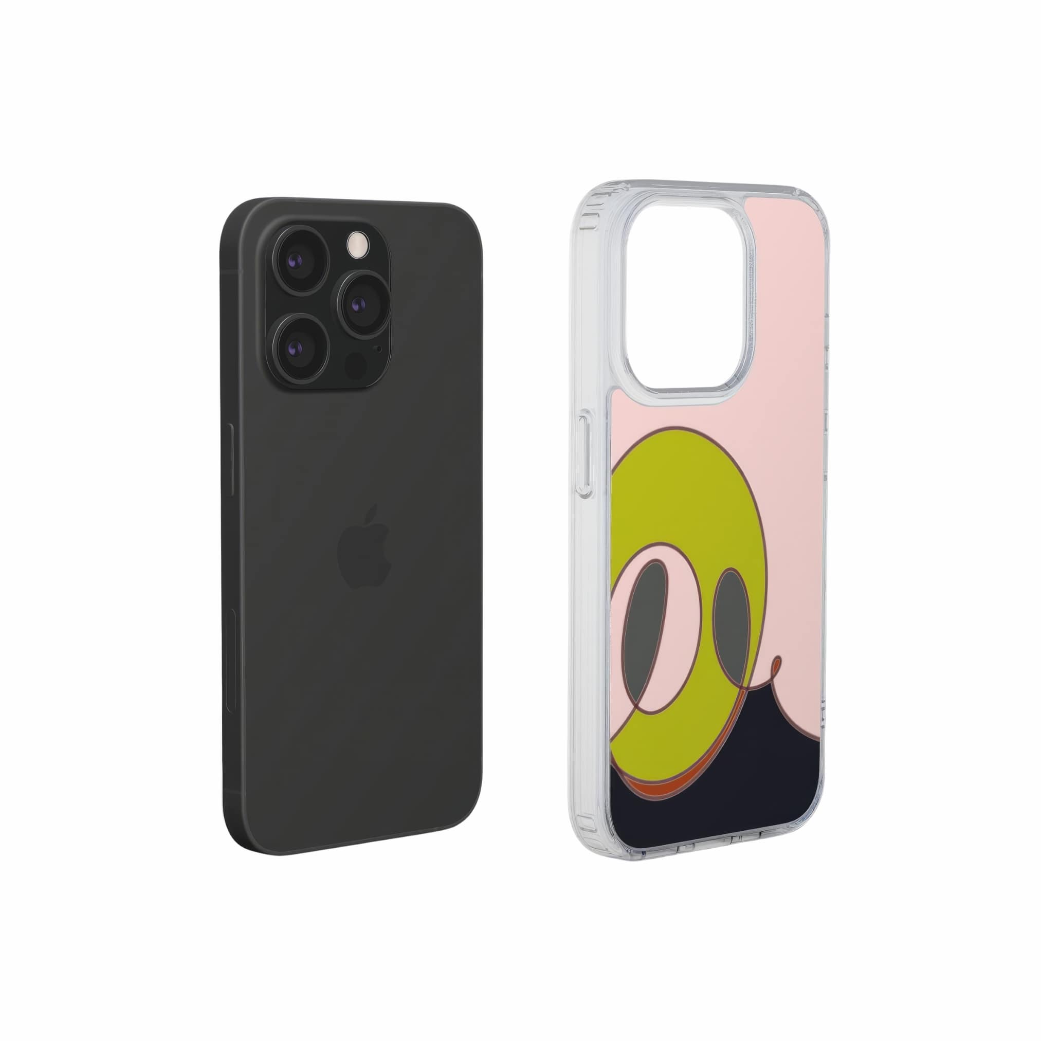 Clear phone case Smile pattern design with a playful, bold expression of joy captured in abstract form, featuring an elegant and expressive aesthetic design. Main colors are pink and mustard yellow. Extend view.