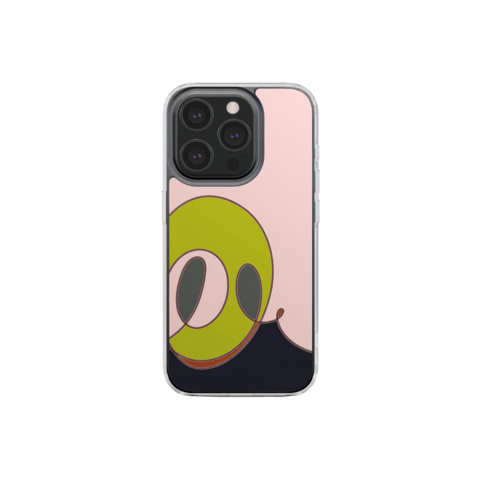 Clear phone case Smile pattern design with a playful, bold expression of joy captured in abstract form, featuring an elegant and expressive aesthetic design. Main colors are pink and mustard yellow. Front view. 